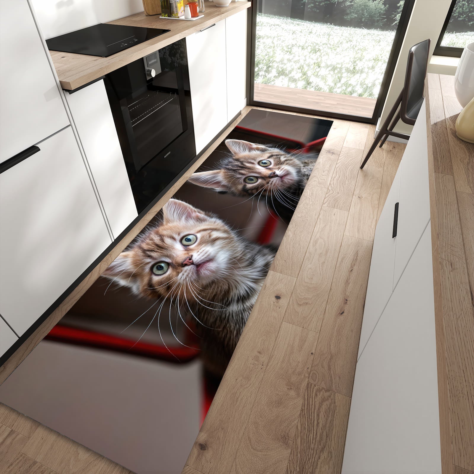 Bodenschonender Küchenläufer mit Motiv Katzen im Koffer in moderner Küche