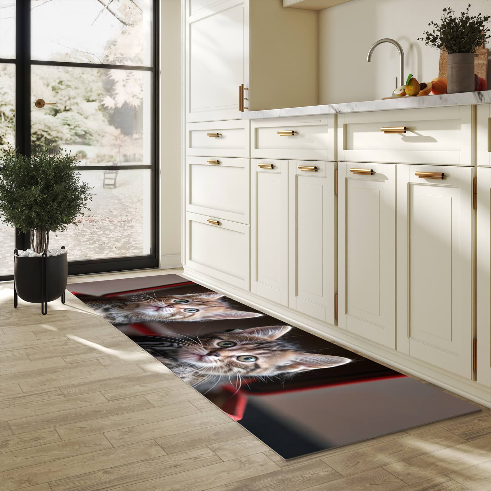 Bodenschonender Küchenteppich mit Motiv Katzen im Koffer in heller Küche