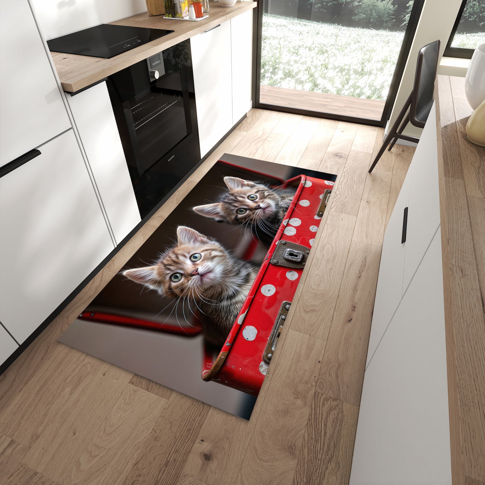 Farbbeständiger waschbarer Küchenläufer mit Motiv Katzen im Koffer in moderner Küche