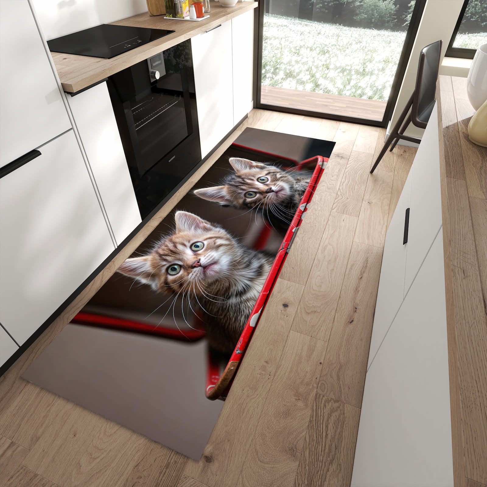 Bodenschonender Küchenteppich mit Motiv Katzen im Koffer in moderner Küche
