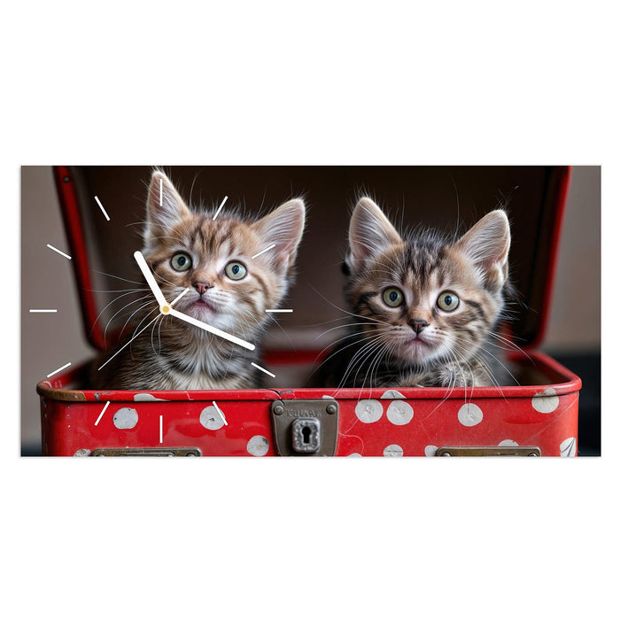 Wanduhr Katzen im Koffer aus Glas – Querformat 60 × 30 cm mit Ziffernblatt Linie