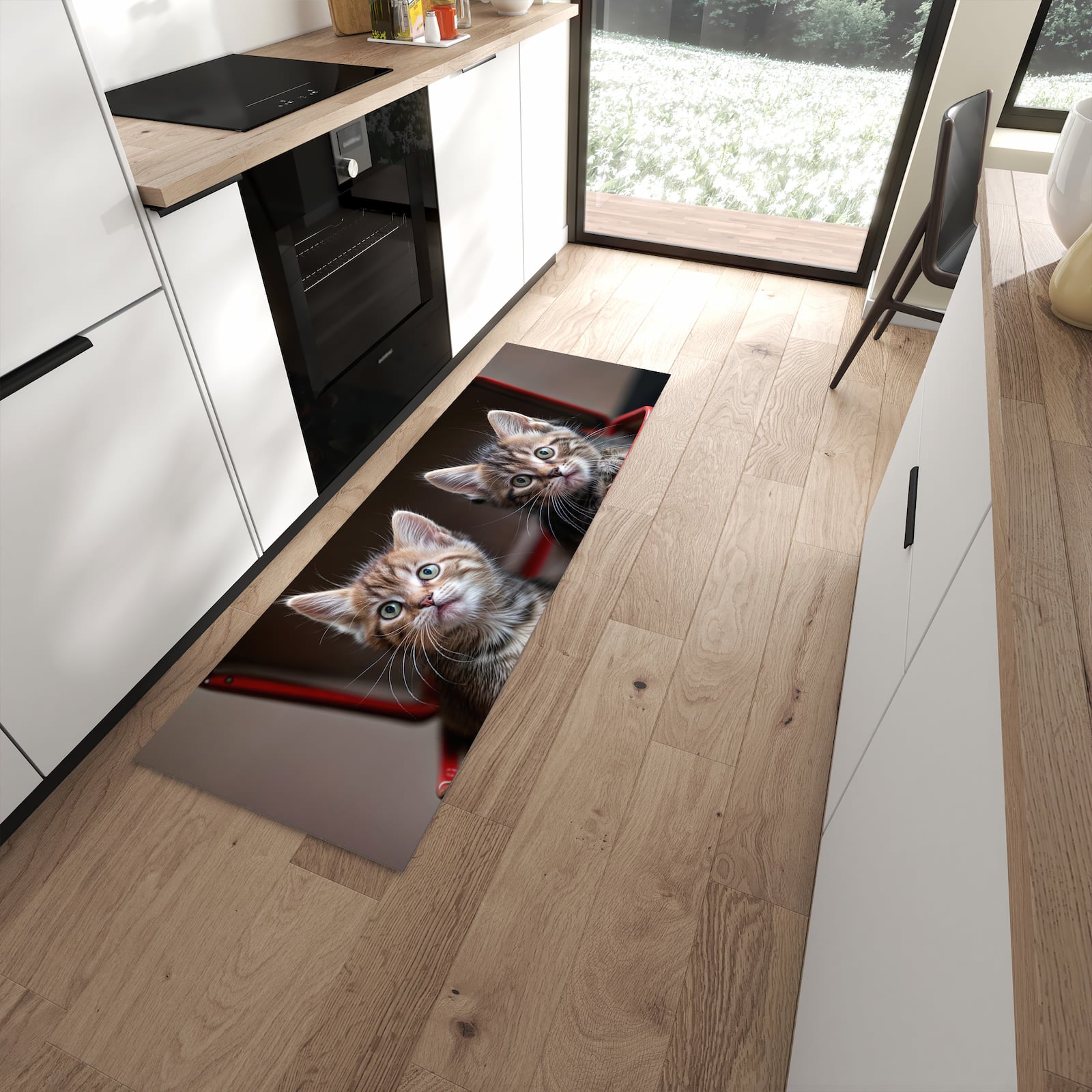 Hygienischer rutschfester Küchenteppich mit Motiv Katzen im Koffer in moderner Küche