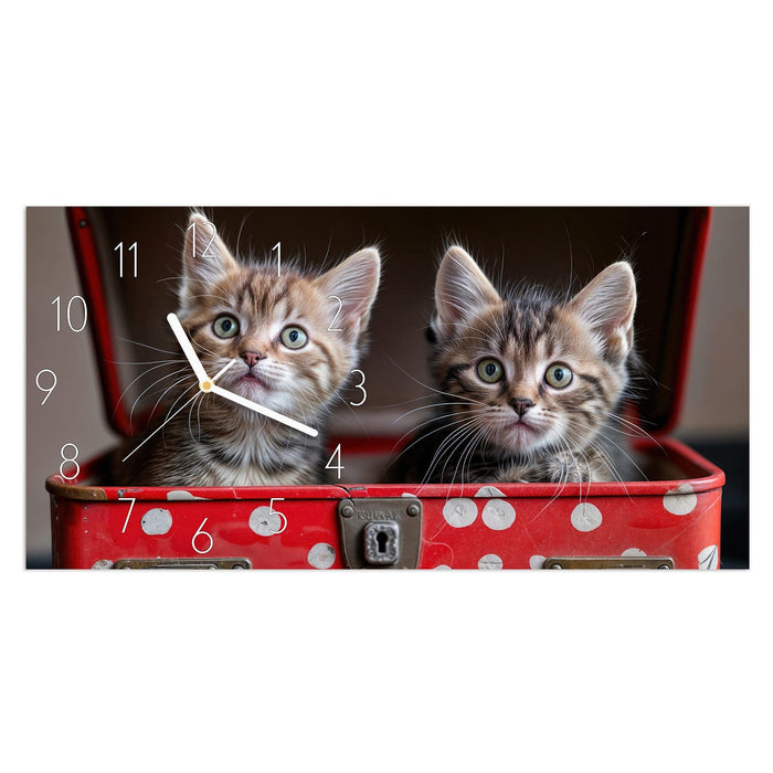 Wanduhr Katzen im Koffer aus Glas – Querformat 60 × 30 cm mit Ziffernblatt Elegant