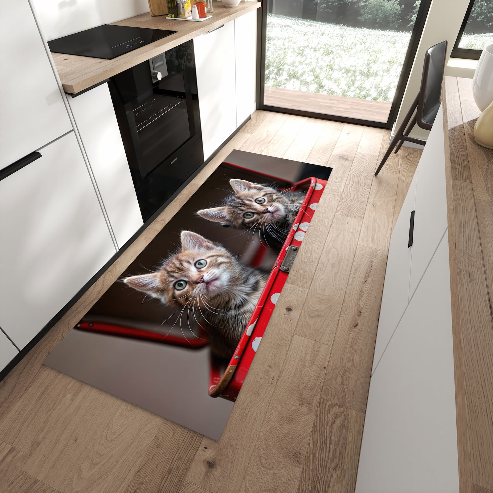 Feuchtigkeitsresistenter Küchenteppich mit Motiv Katzen im Koffer in moderner Küche