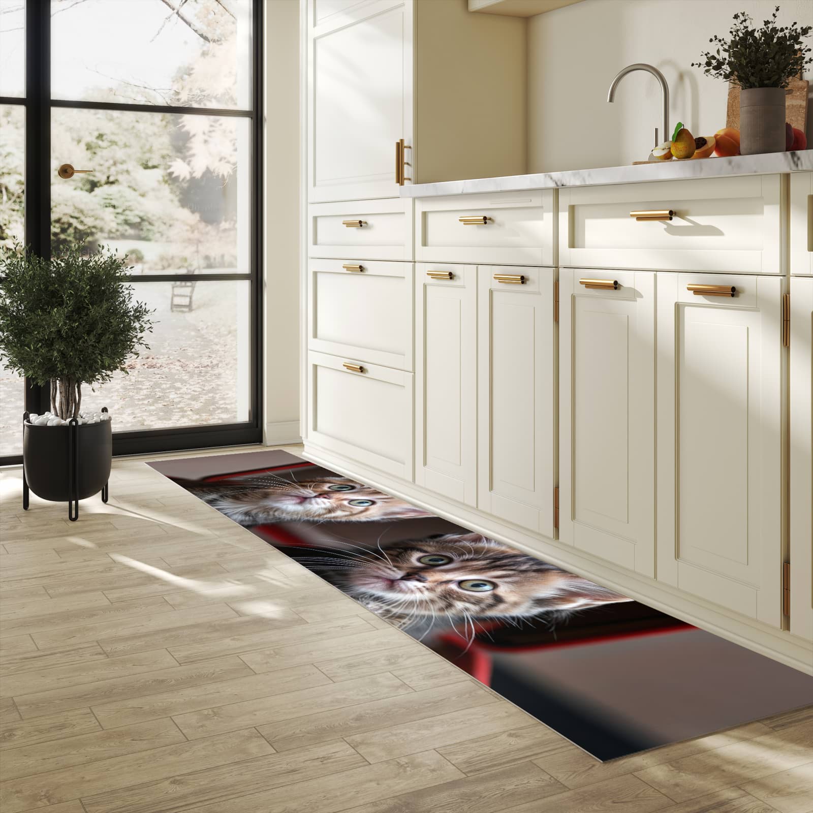 Waschbarer Küchenteppich mit Motiv Katzen im Koffer in heller Küche