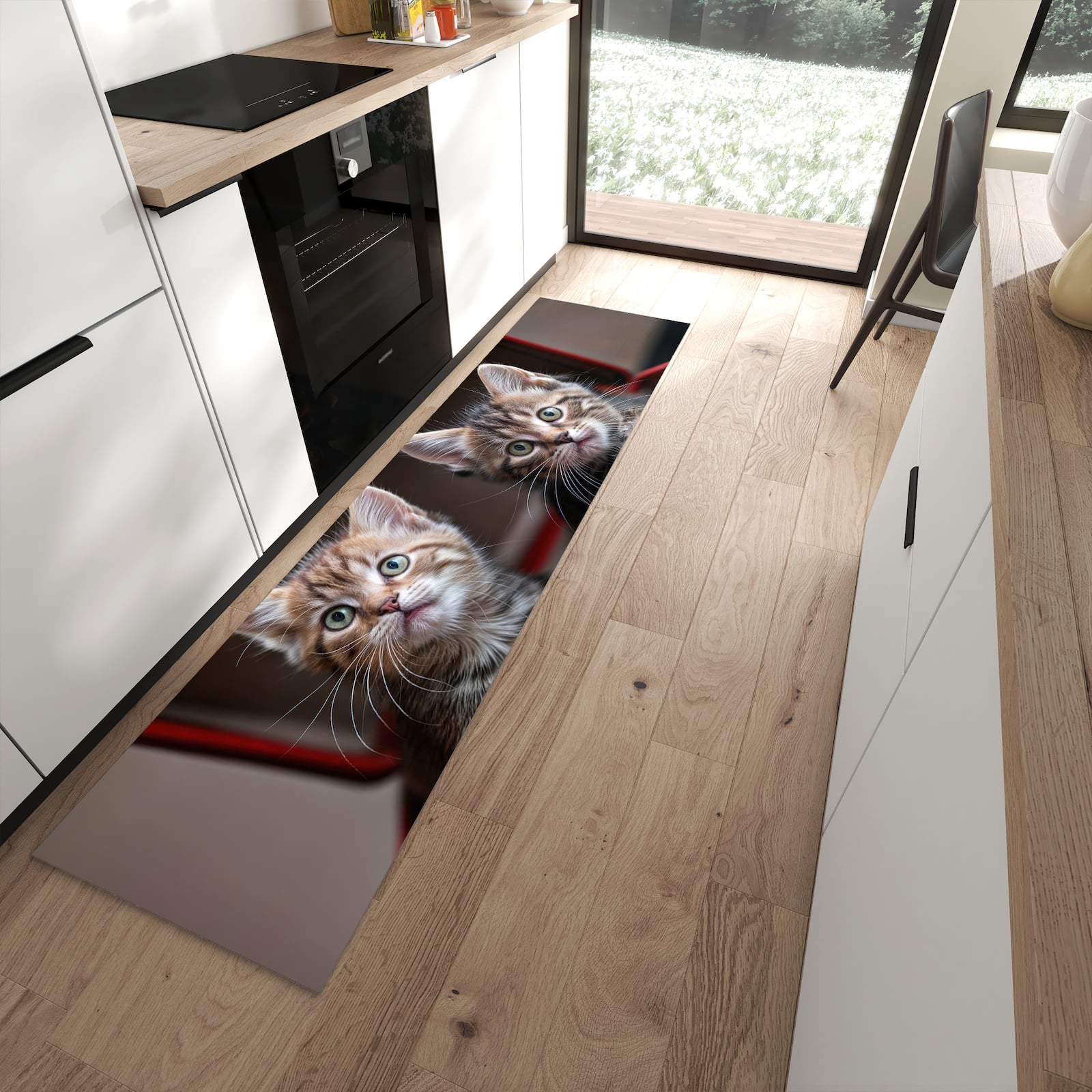 Strapazierfähiger Küchenteppich mit Motiv Katzen im Koffer in moderner Küche