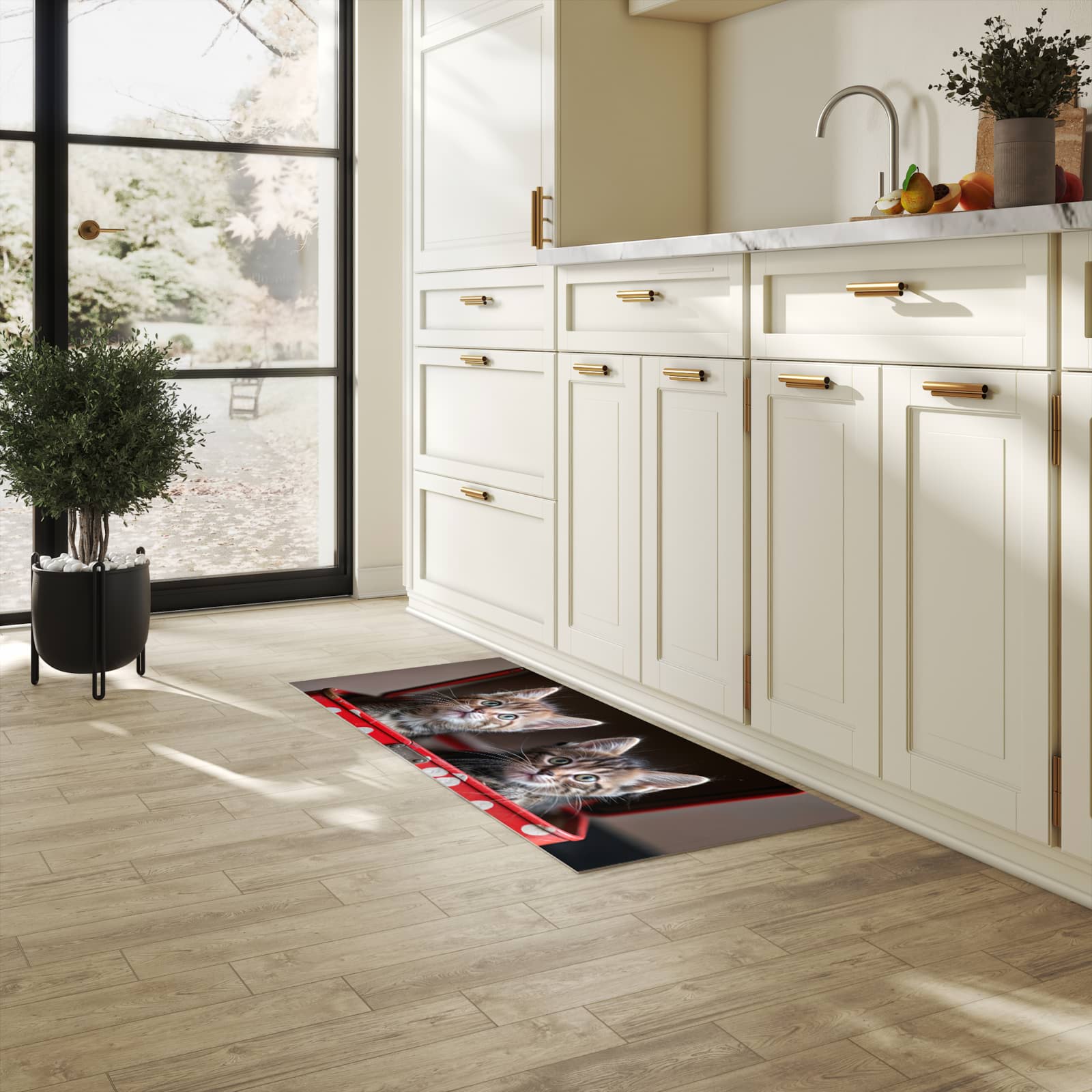 Abwaschbarer Küchenteppich mit Motiv Katzen im Koffer in heller Küche