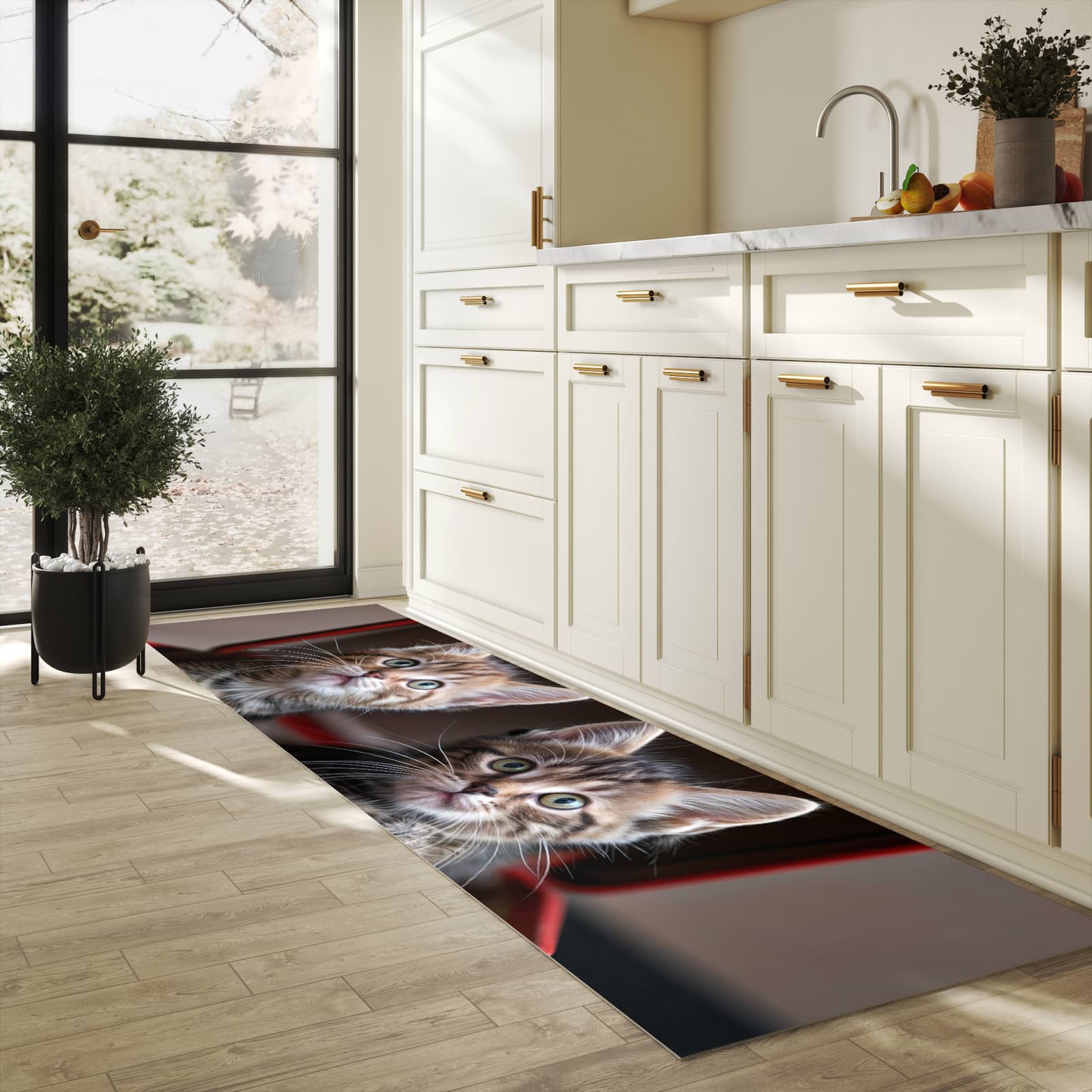 Läufer für die Küche mit Motiv Katzen im Koffer in heller Küche für Ordnung
