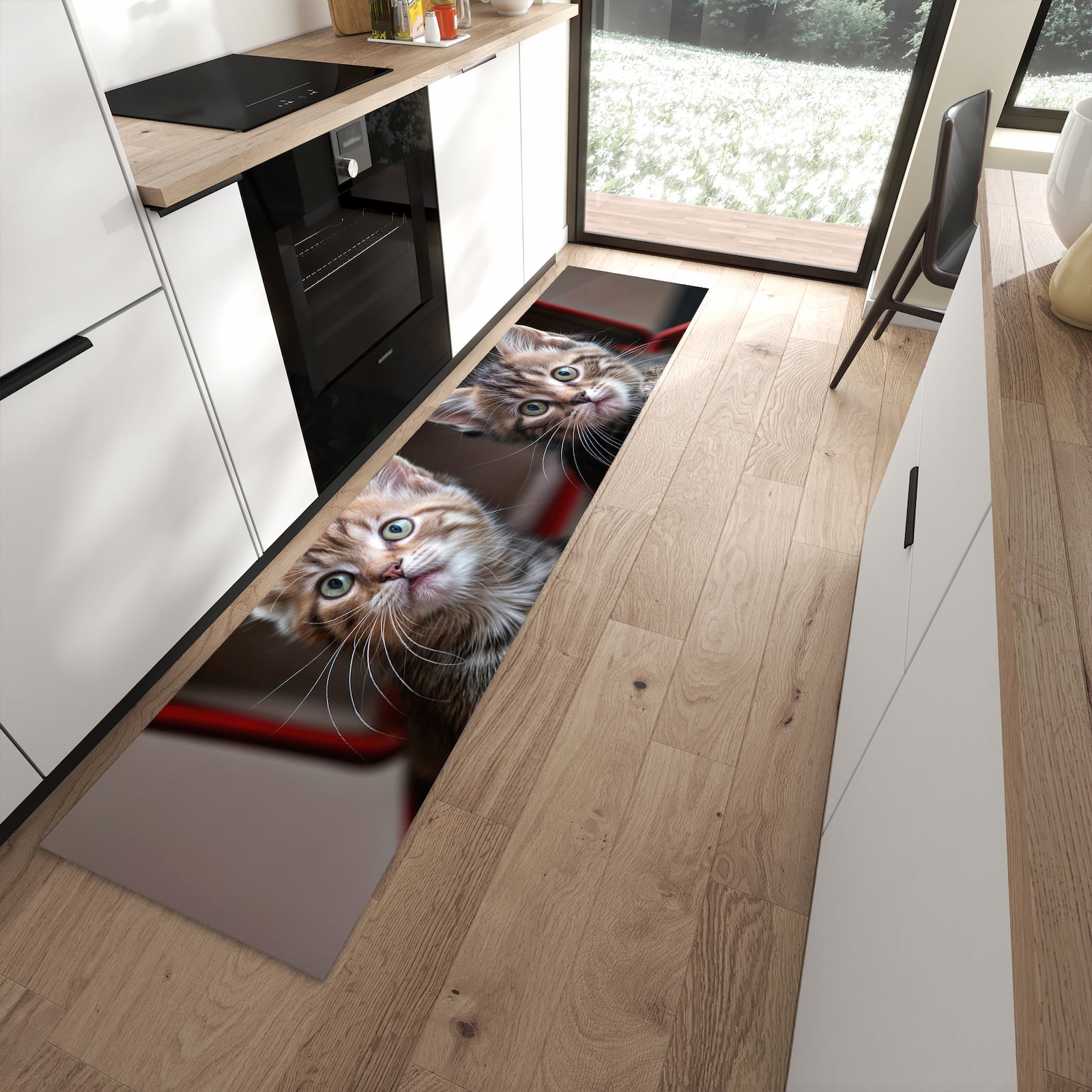 Waschbarer Küchenteppich mit Motiv Katzen im Koffer in moderner Küche