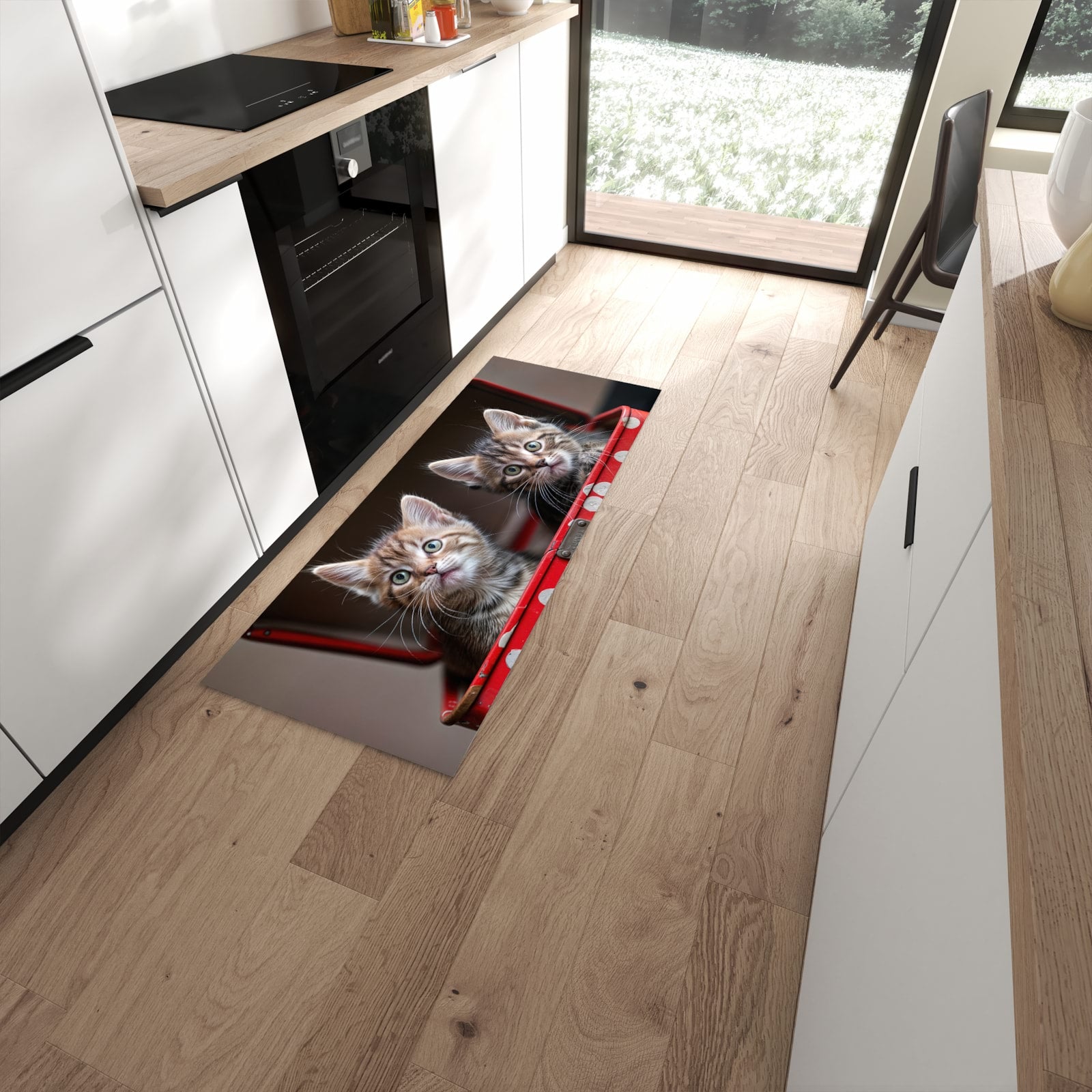 Komfortabler Küchenteppich mit Motiv Katzen im Koffer in moderner Küche #grösse_60 x 150 cm