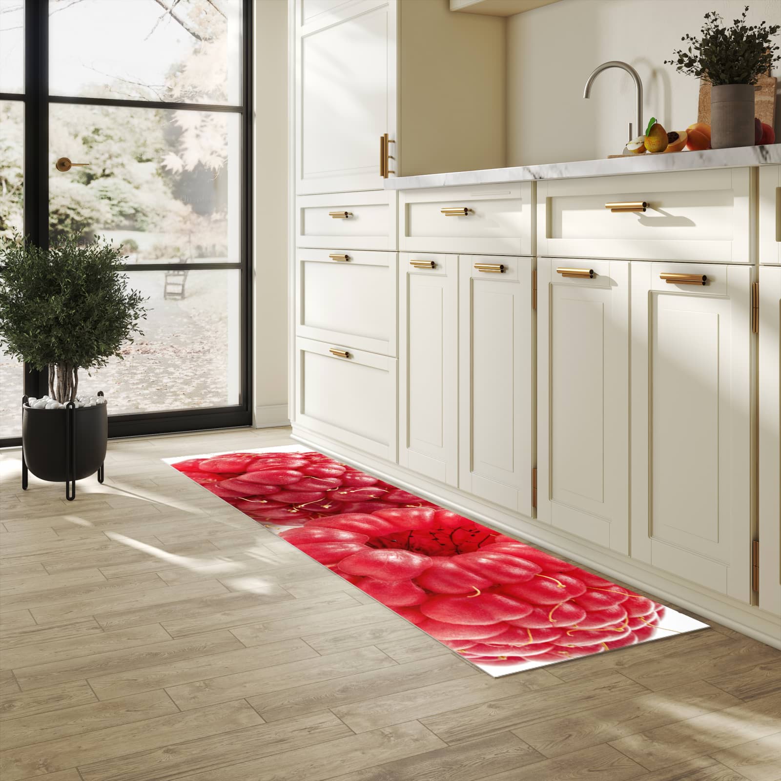 UV-beständiger Küchenläufer mit Motiv Himbeerenblatt in heller Küche