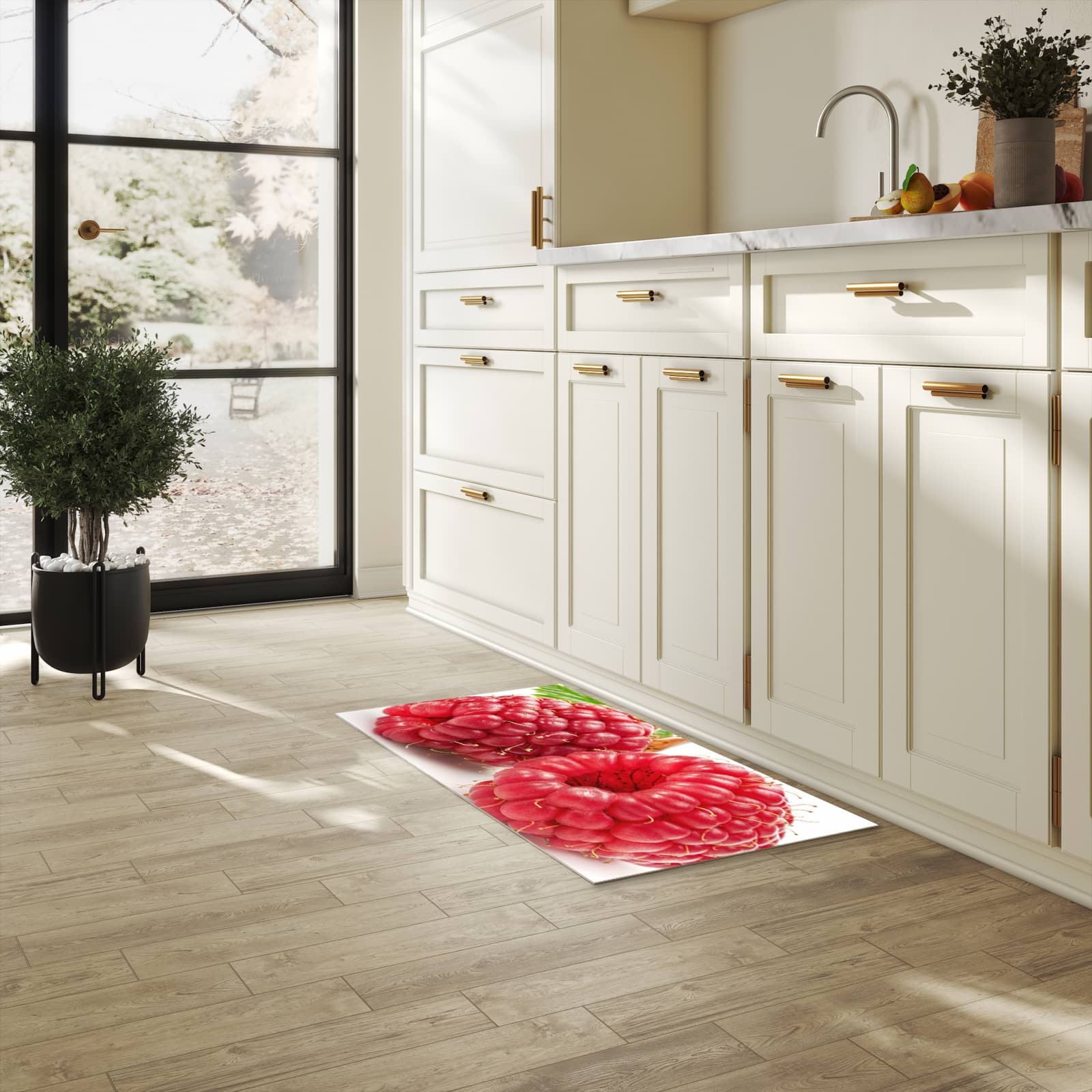 Zeitsparender waschbarer Küchenteppich mit Motiv Himbeerenblatt in heller Küche