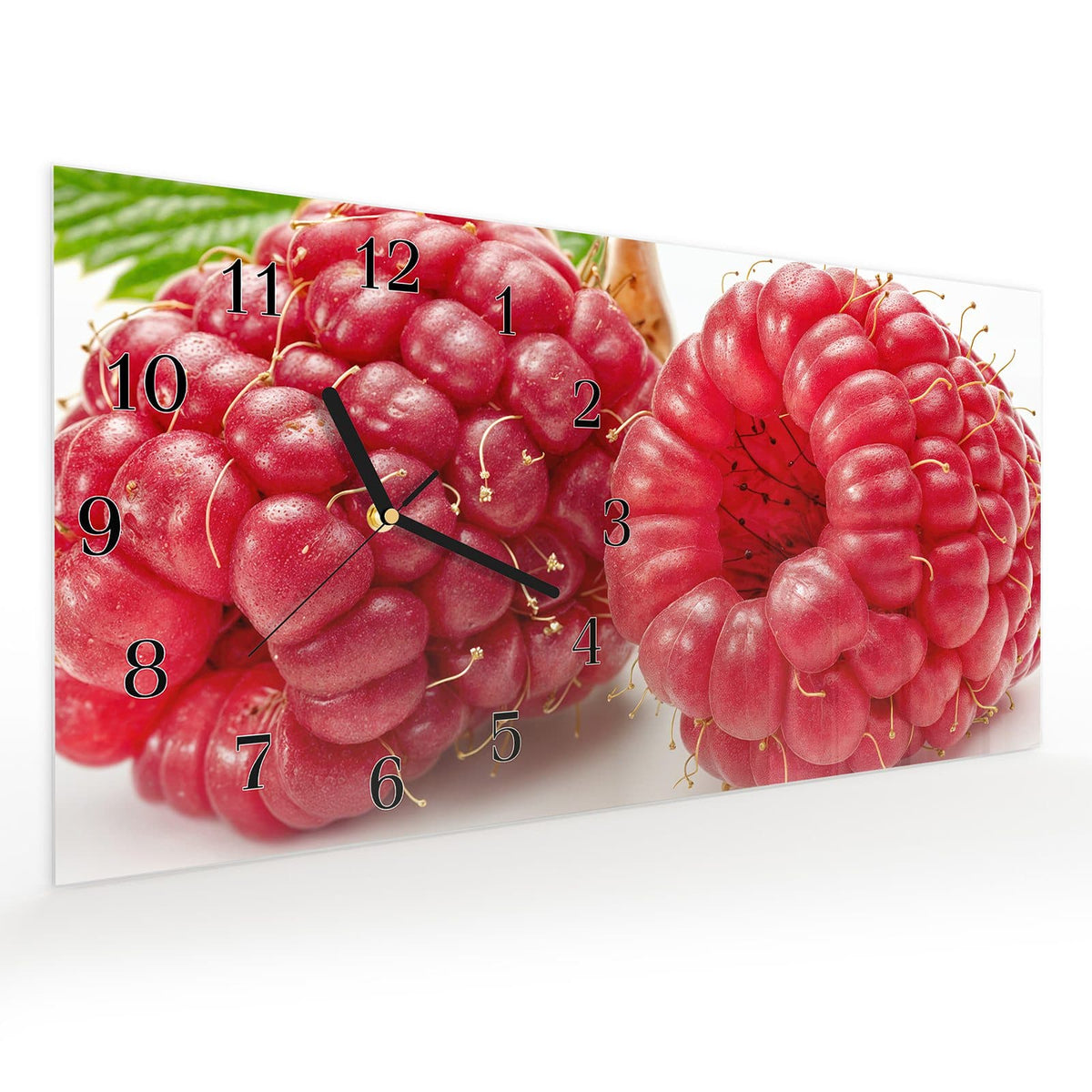 Vormontiert – mit Schwebeeffekt – Wanduhr Himbeerenblatt aus Glas – Querformat 60 × 30 cm