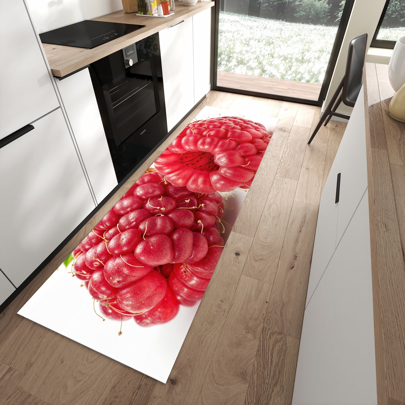 Schmutzabweisender Küchenteppich mit Motiv Himbeerenblatt in moderner Küche