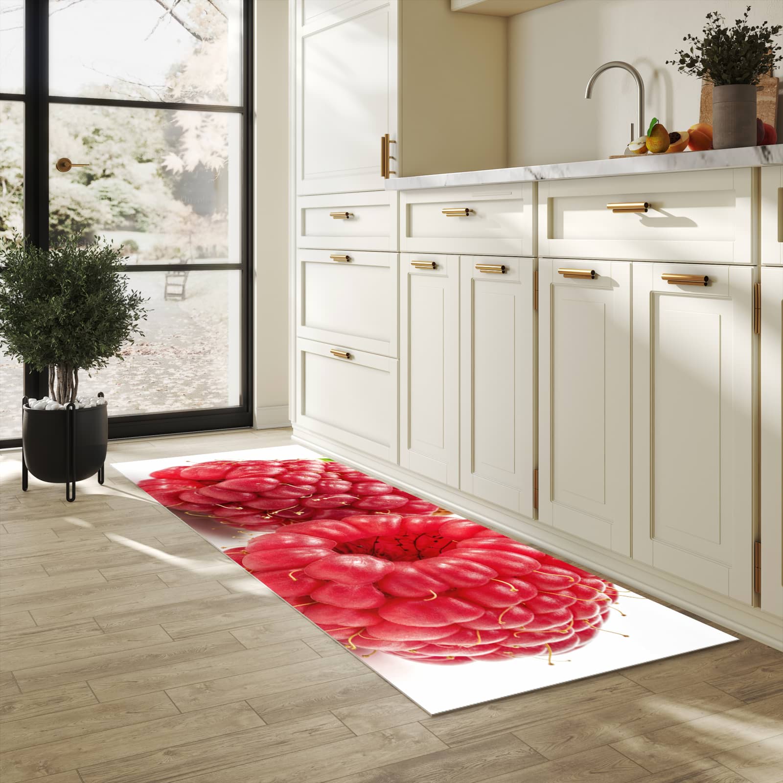 Geruchsneutraler rutschfester Küchenläufer mit Motiv Himbeerenblatt in heller Küche
