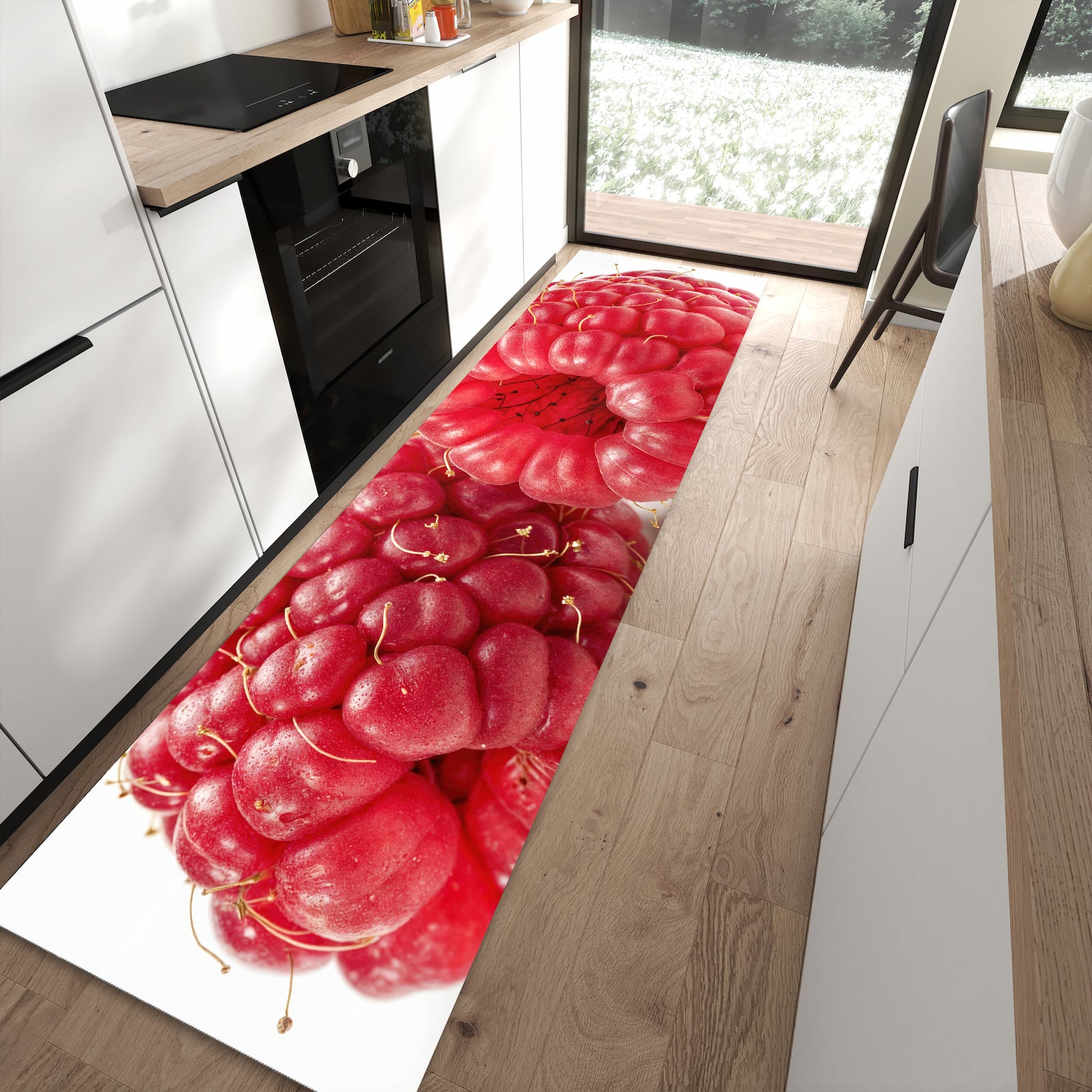 Langlebiger Küchenläufer mit Motiv Himbeerenblatt in moderner Küche