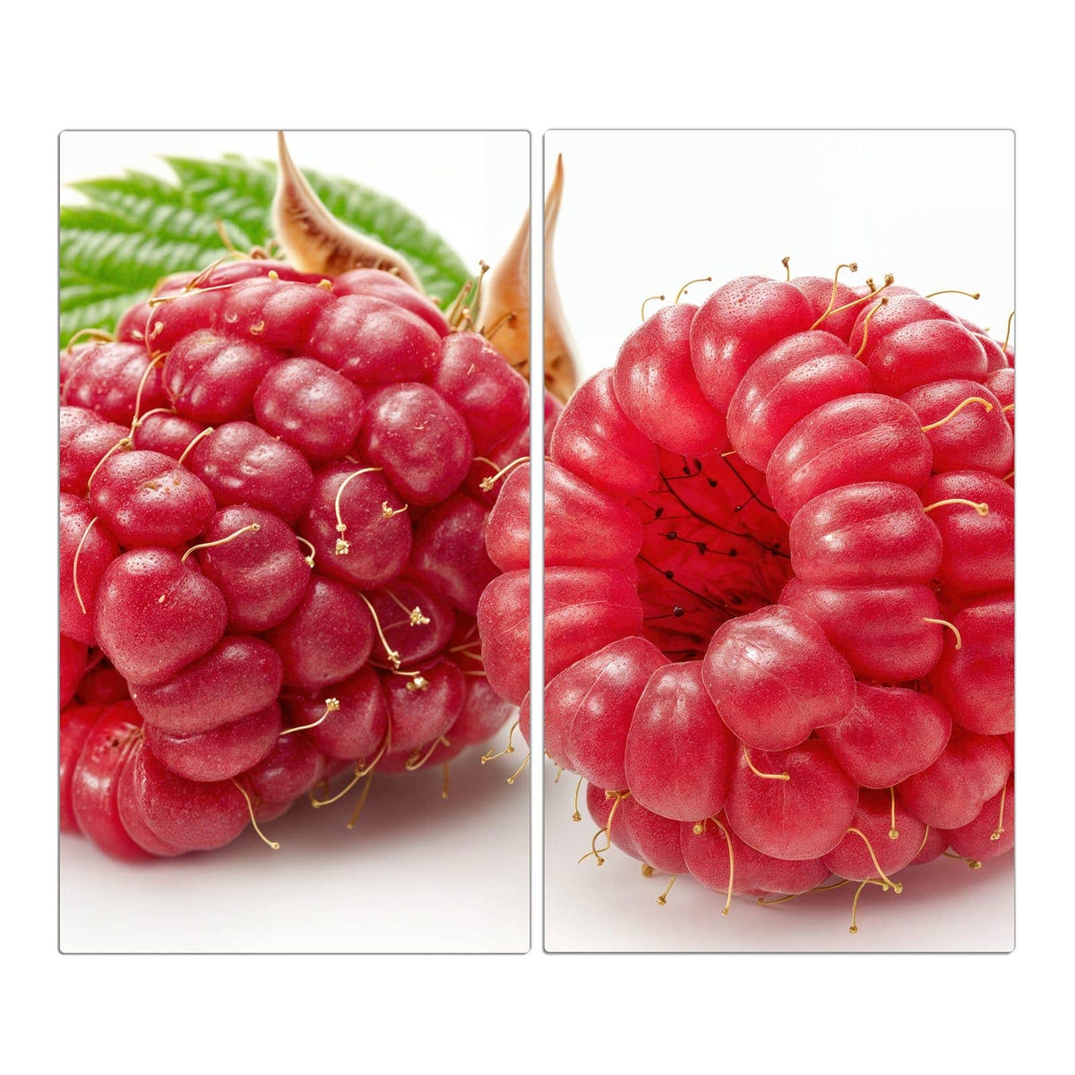 Zwei überdimensionale, glasig rote Himbeeren mit langen Griffeln, dahinter ein grünes Blatt und eine trockene Hülse auf Weiß