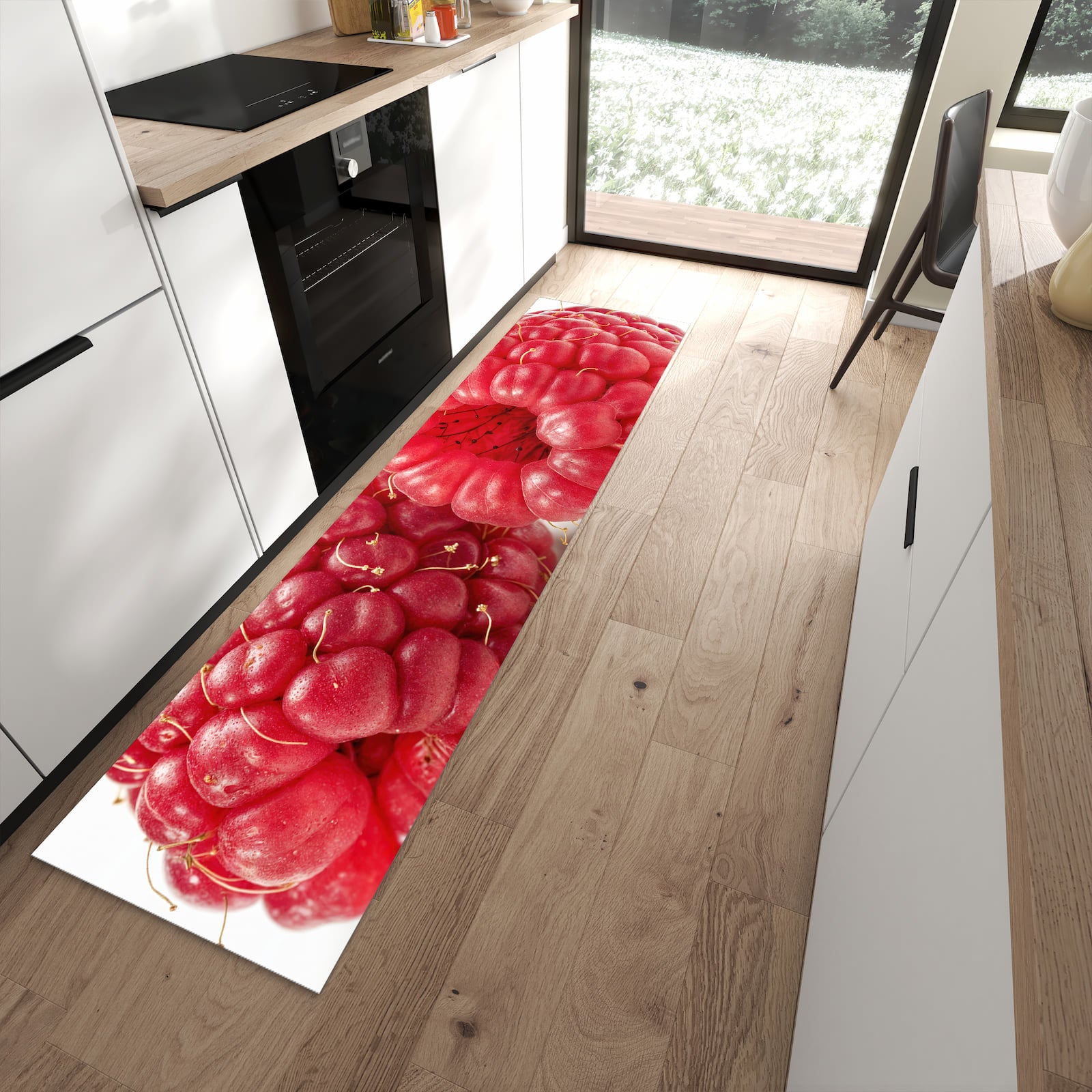 Abriebfester Küchenteppich mit Motiv Himbeerenblatt in moderner Küche