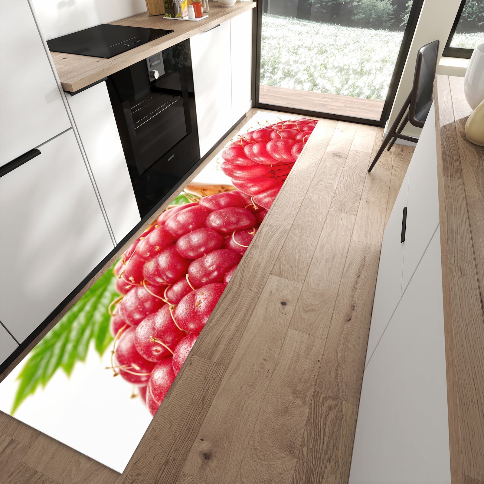 Komfortabler Küchenteppich mit Motiv Himbeerenblatt in moderner Küche