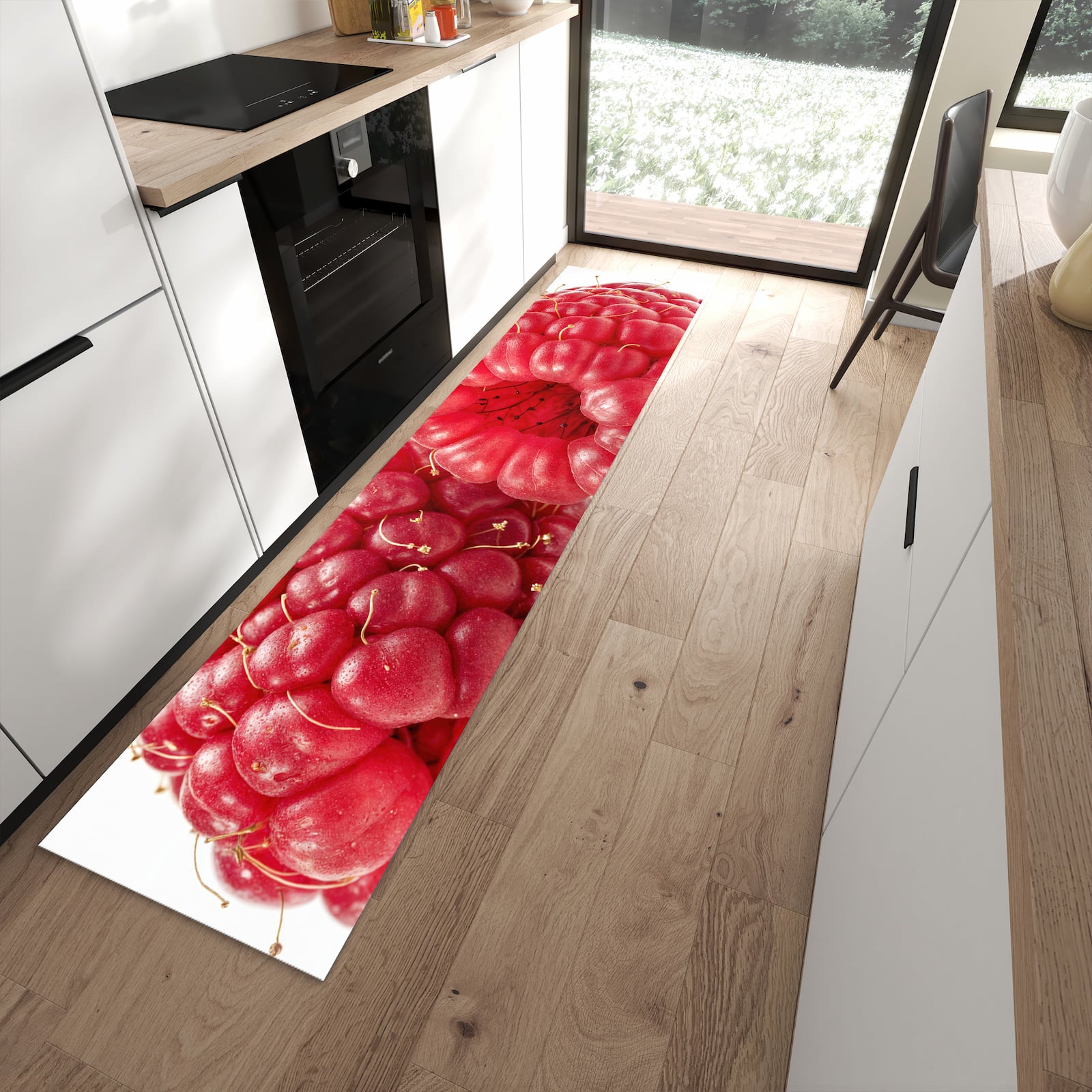 UV-beständiger Teppich für Küche mit Motiv Himbeerenblatt in moderner Küche