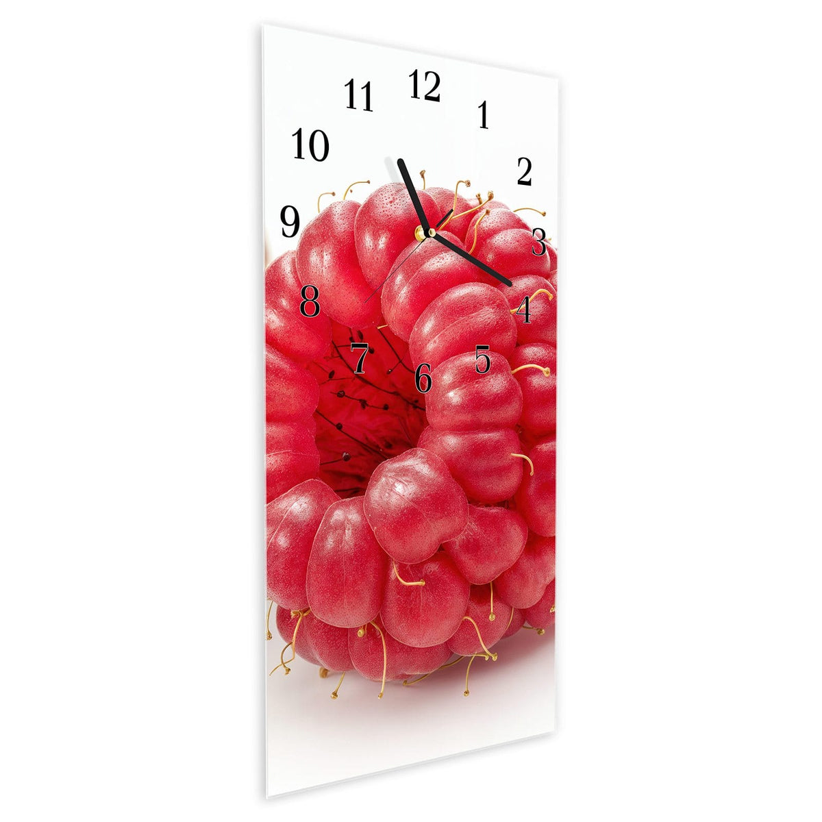 Vormontiert – mit Schwebeeffekt – Wanduhr Himbeerenblatt aus Glas – Hochformat 30 × 60 cm