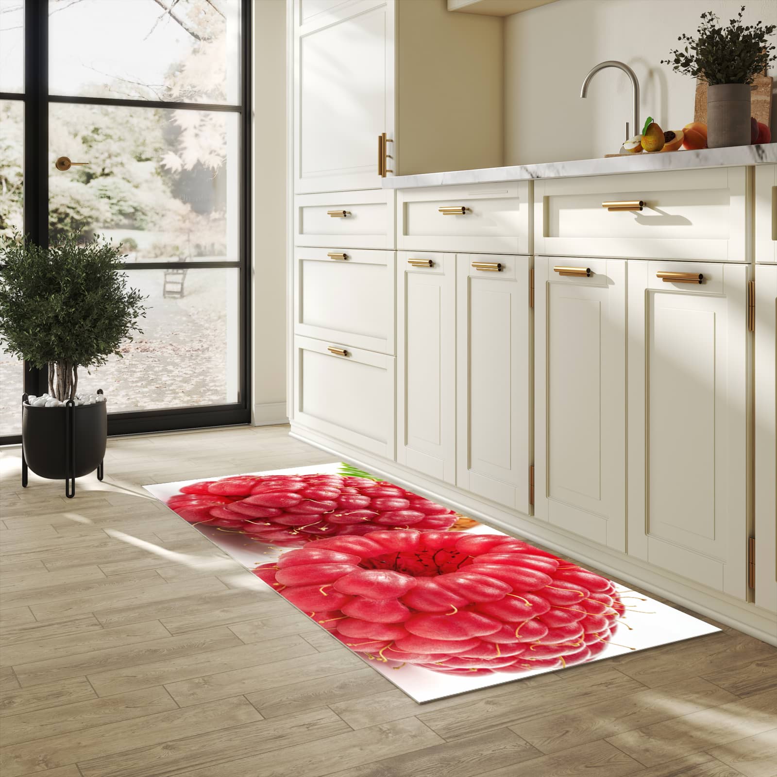 Schmutzabweisender Küchenläufer mit Motiv Himbeerenblatt in heller Küche