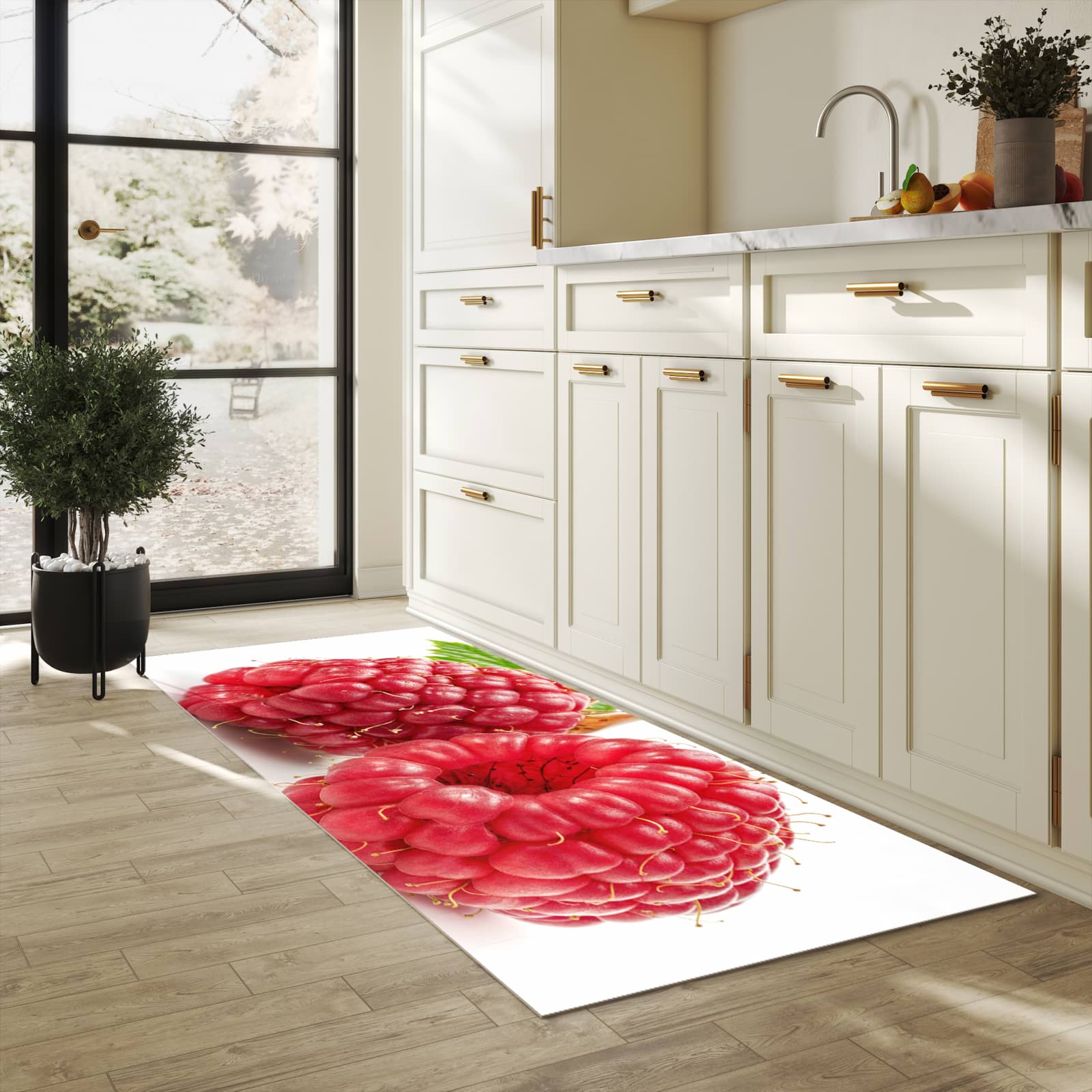 Komfortabler moderner Küchenläufer mit Motiv Himbeerenblatt in heller Küche