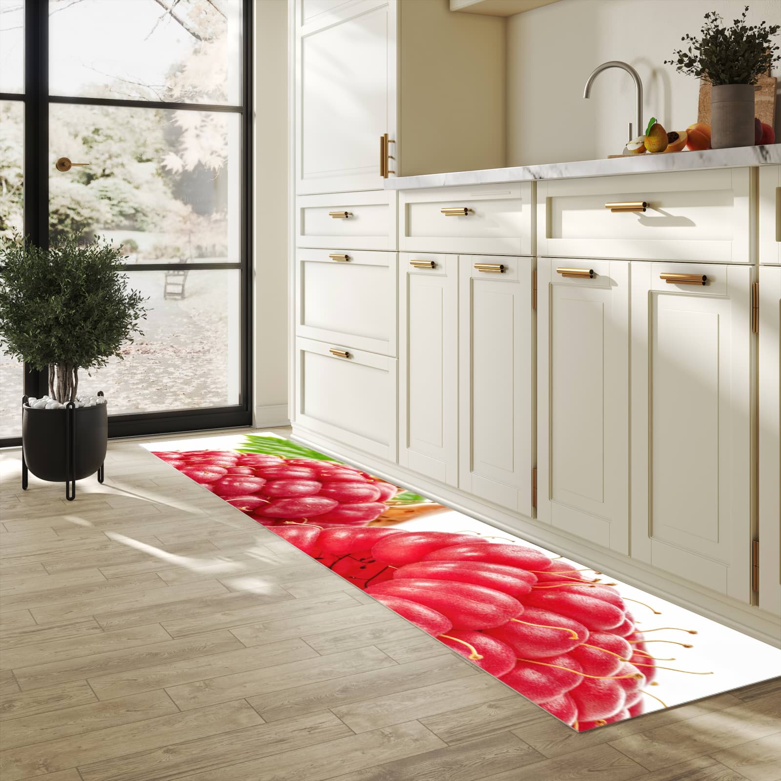 Wasserabweisender rutschfester Küchenläufer mit Motiv Himbeerenblatt in heller Küche