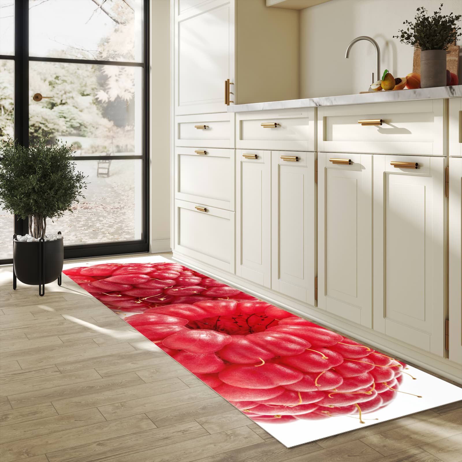 Flacher Küchenläufer nach Maß mit Motiv Himbeerenblatt in heller Küche