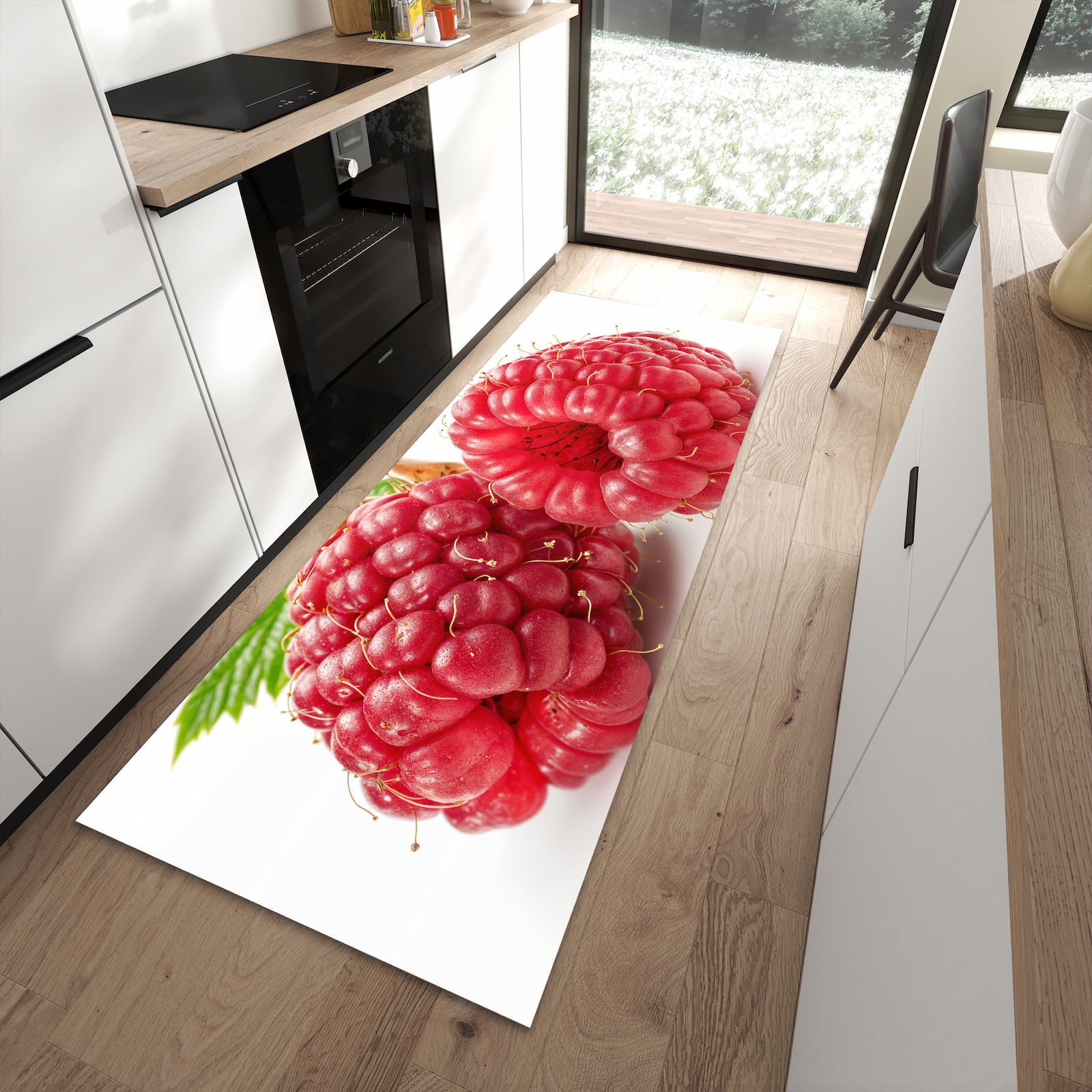 Rutschfester Küchenteppich mit Motiv Himbeerenblatt in moderner Küche