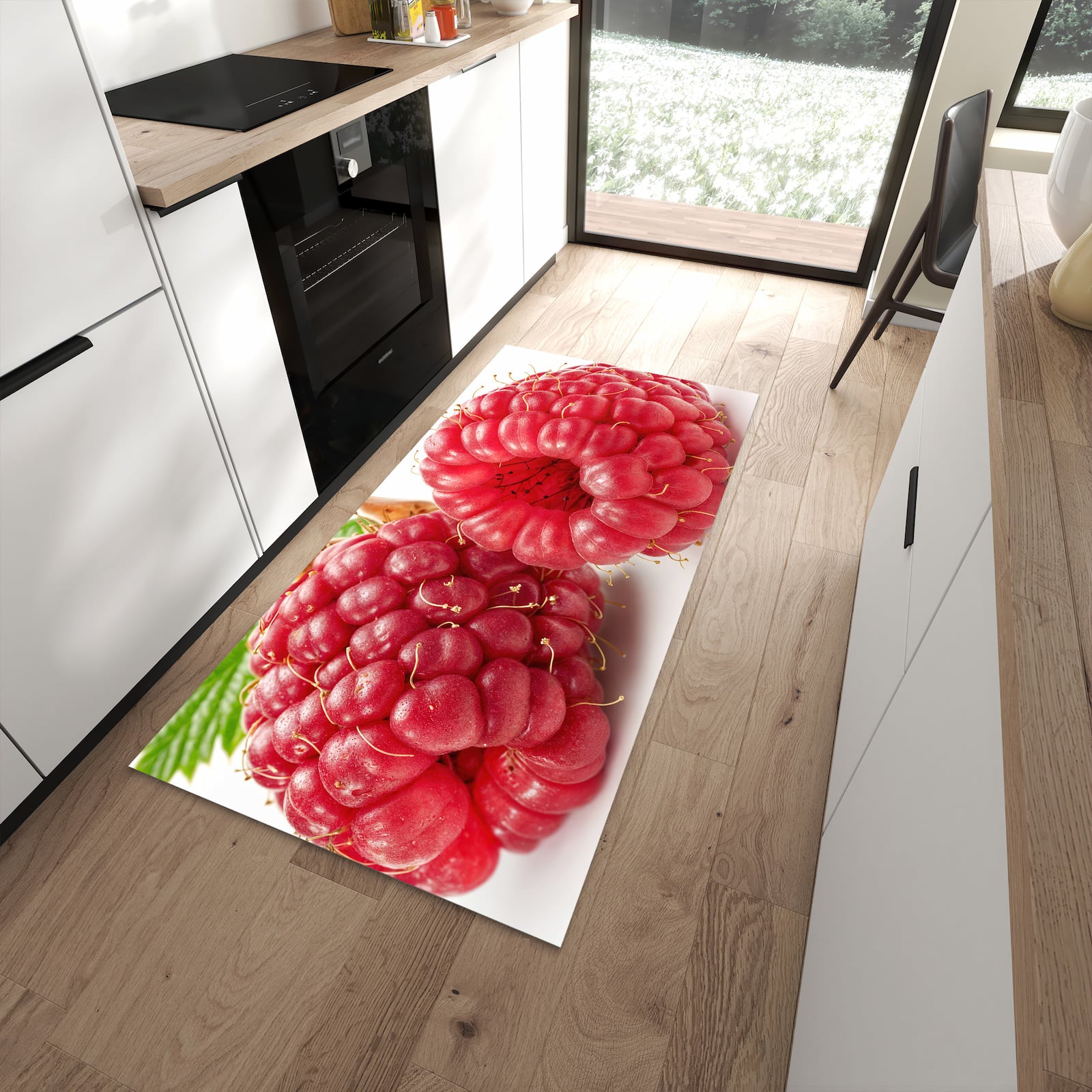 Flacher Küchenläufer mit Motiv Himbeerenblatt in moderner Küche