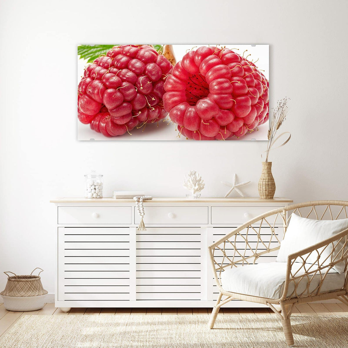 Echtglas, 4 mm – kein Acryl, keine Folie – Wandbild - Surreale Himbeeren - Querformat