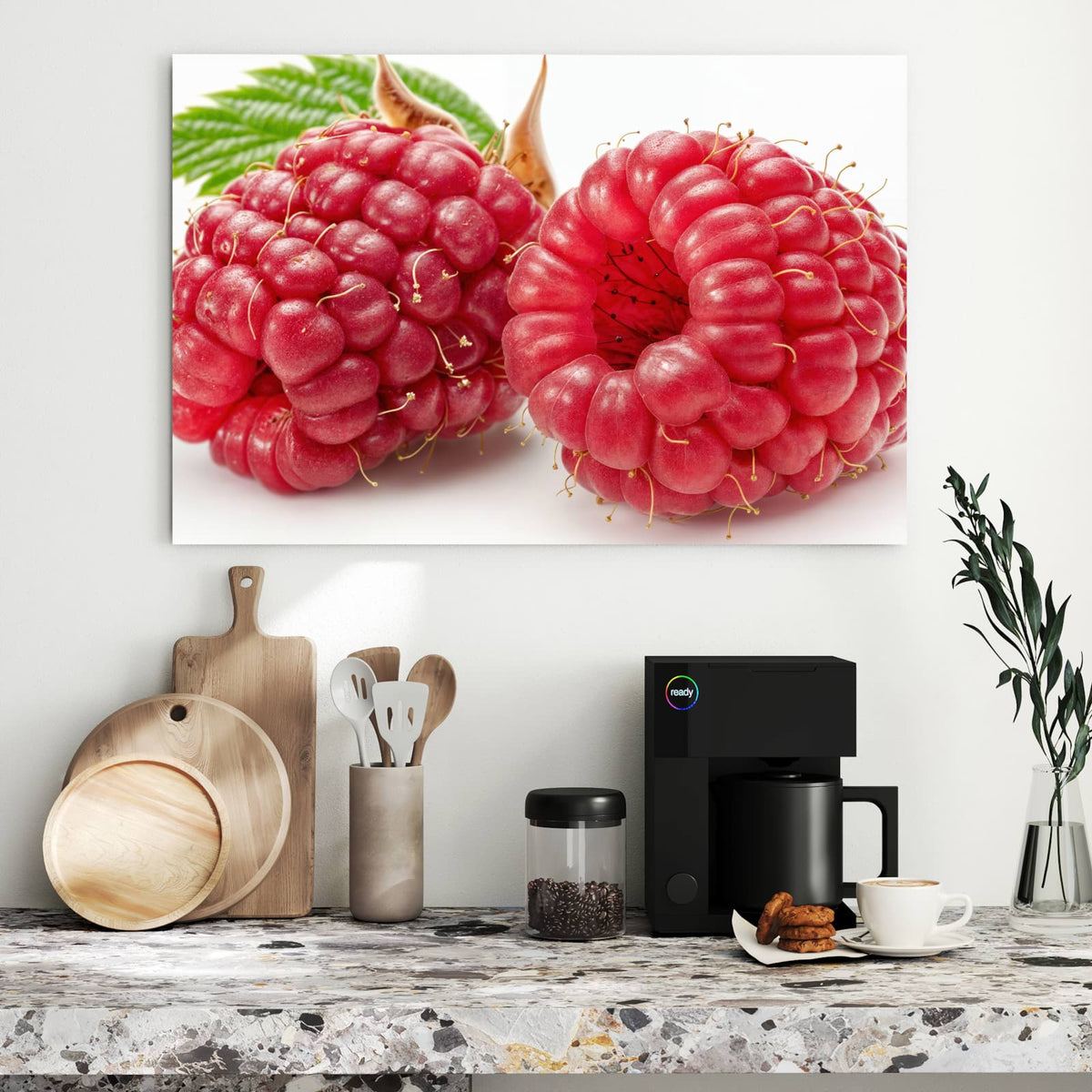 Metall Magnettafel - Surreale Himbeeren – Zwei glasige Himbeeren auf Weiß