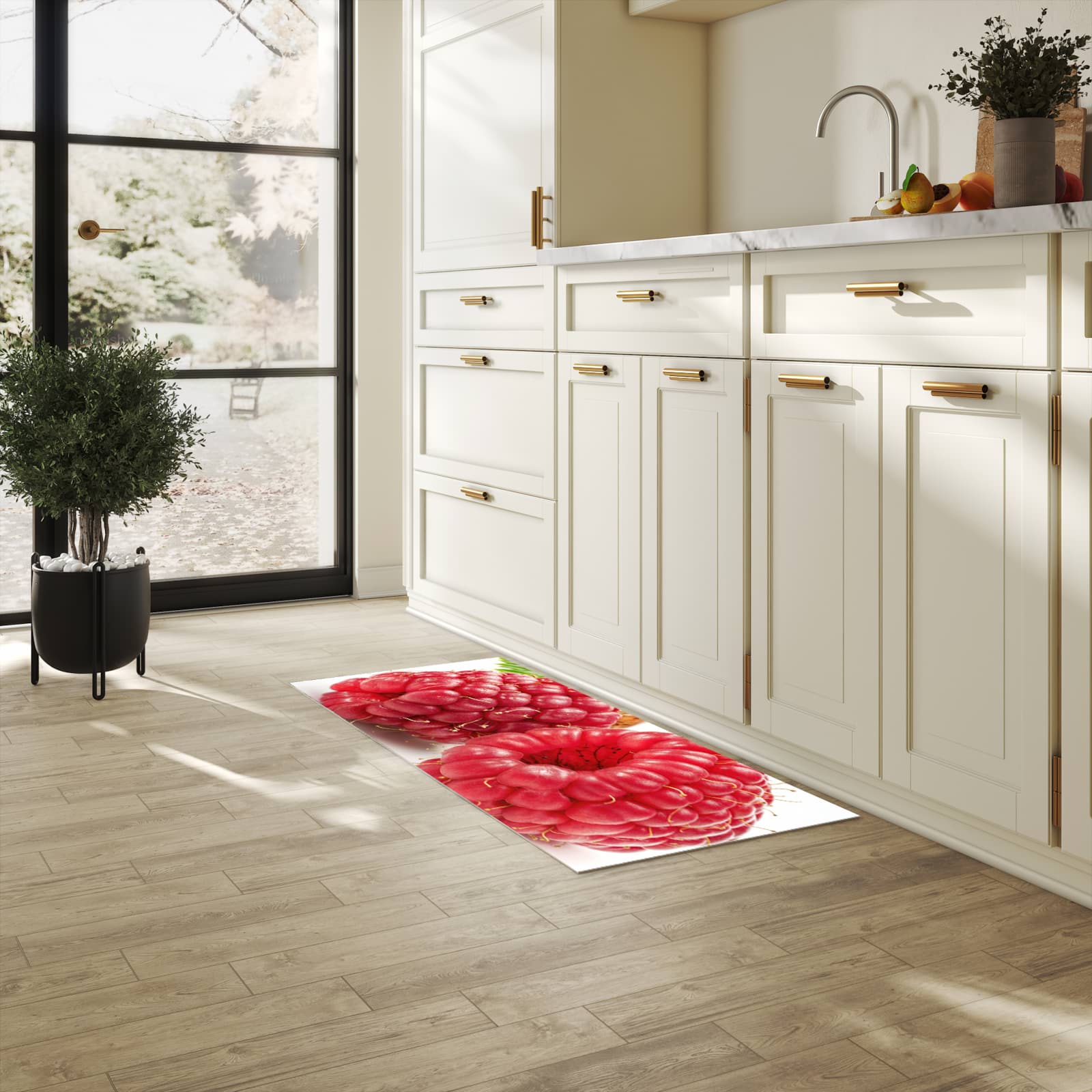 Geräuschdämpfender Küchenläufer mit Motiv Himbeerenblatt in heller Küche