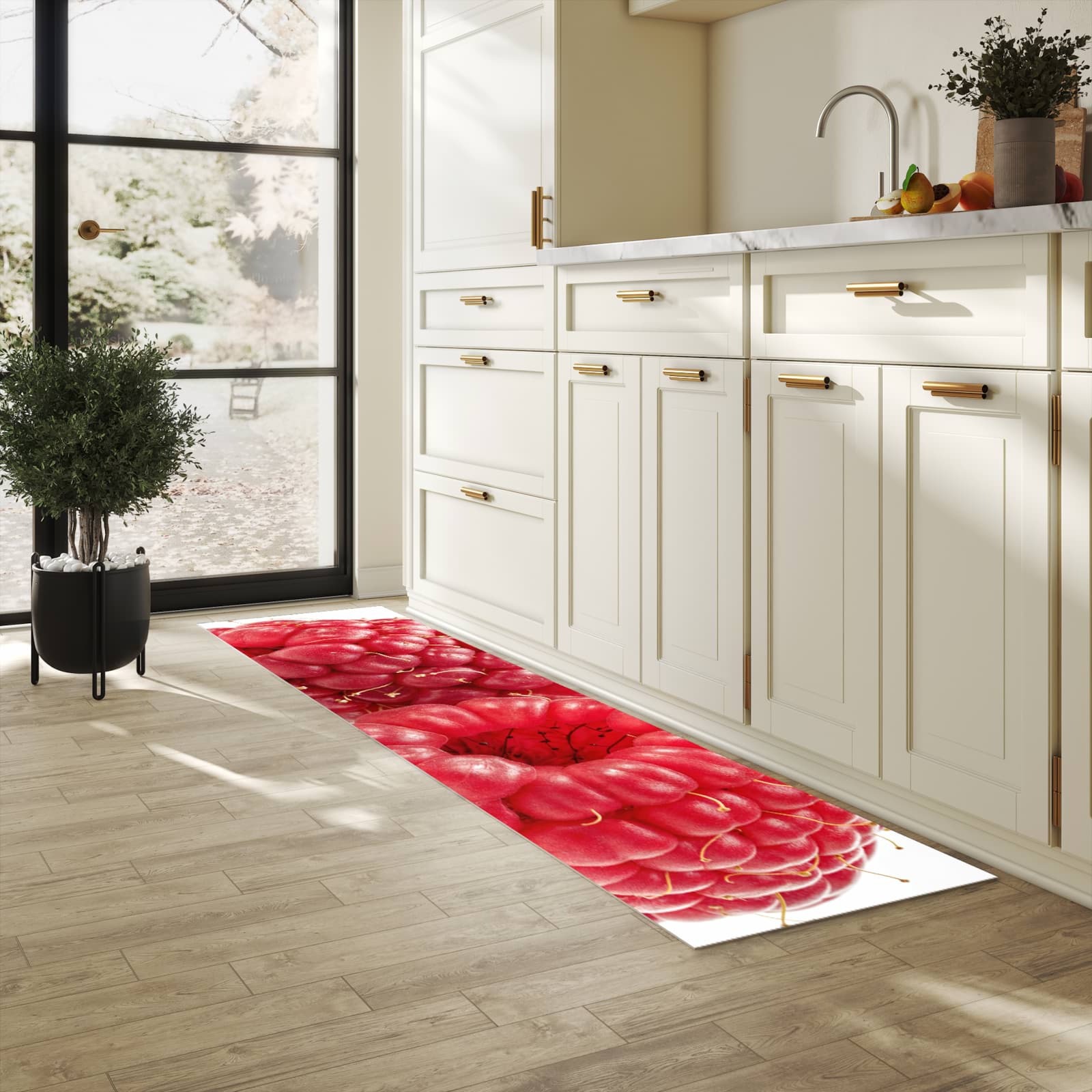 Rutschfester Küchenläufer mit Motiv Himbeerenblatt für Trittkomfort in heller Küche