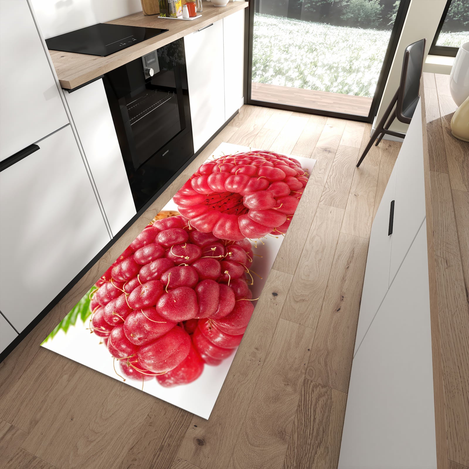 Fleckenresistenter Küchenteppich mit Motiv Himbeerenblatt in moderner Küche