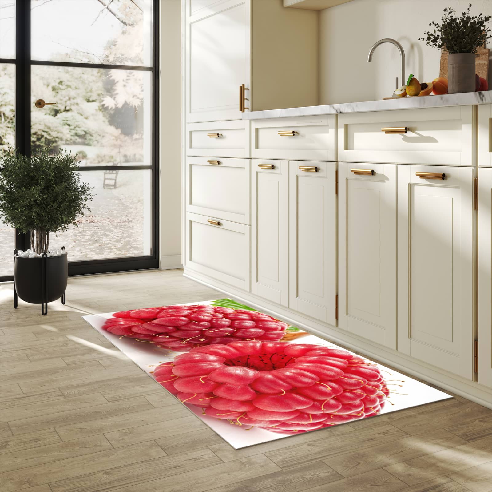 Pflegeleichter waschbarer Küchenläufer mit Motiv Himbeerenblatt in heller Küche