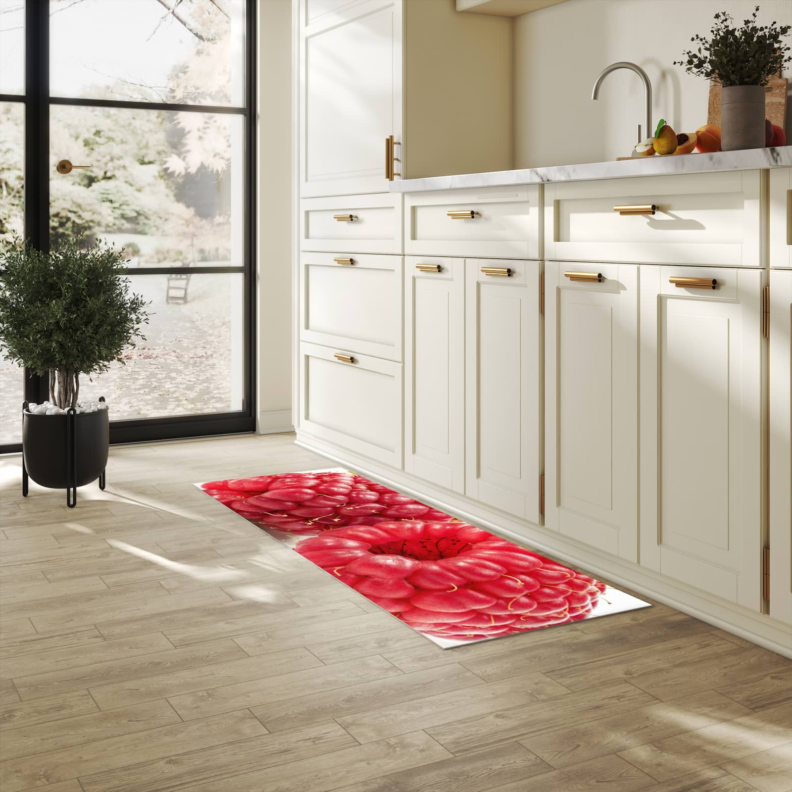 Abriebfester Küchenläufer mit Motiv Himbeerenblatt in heller Küche