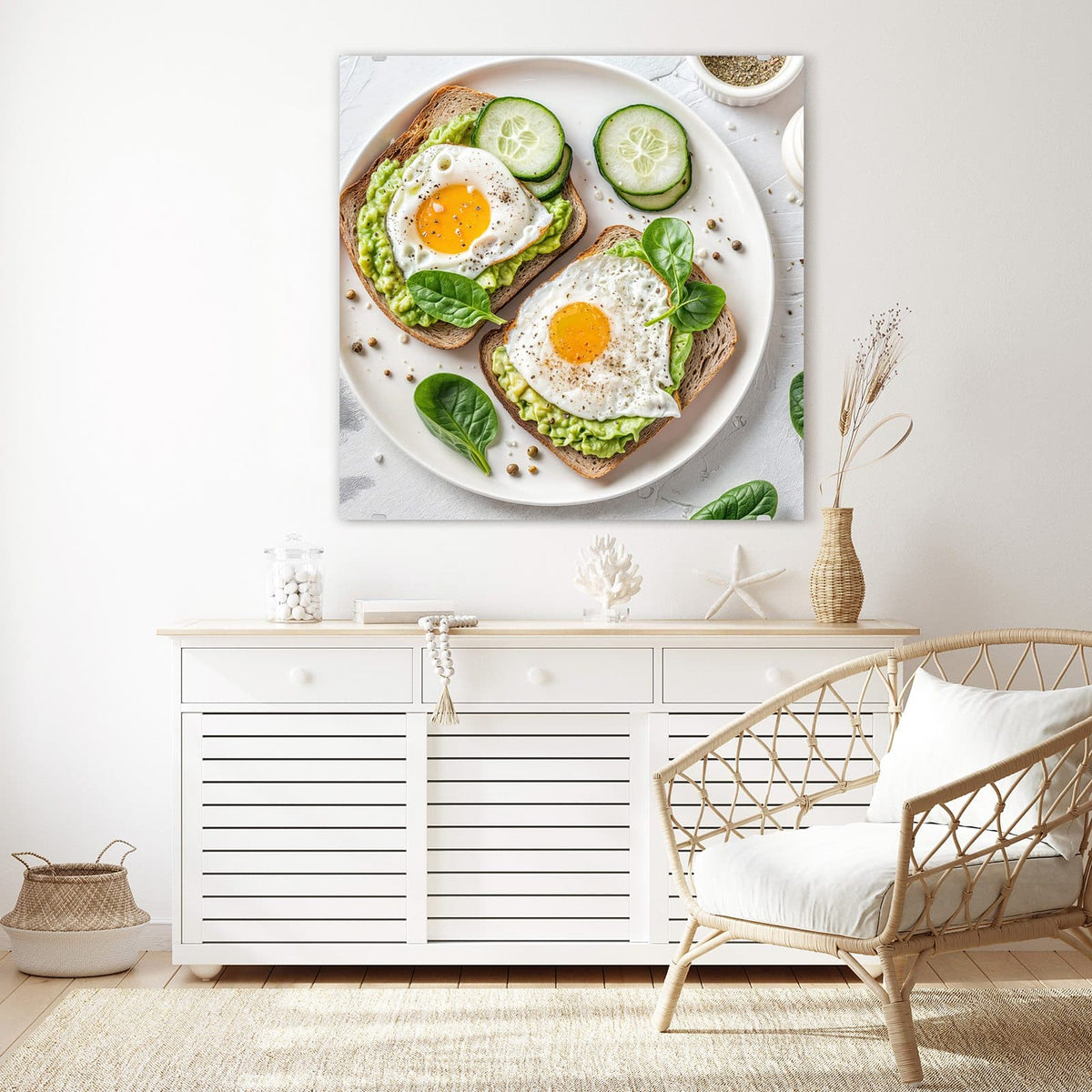 Echtglas, 4 mm – kein Acryl, keine Folie – Wandbild - Brot und Avocado - Quadratisch