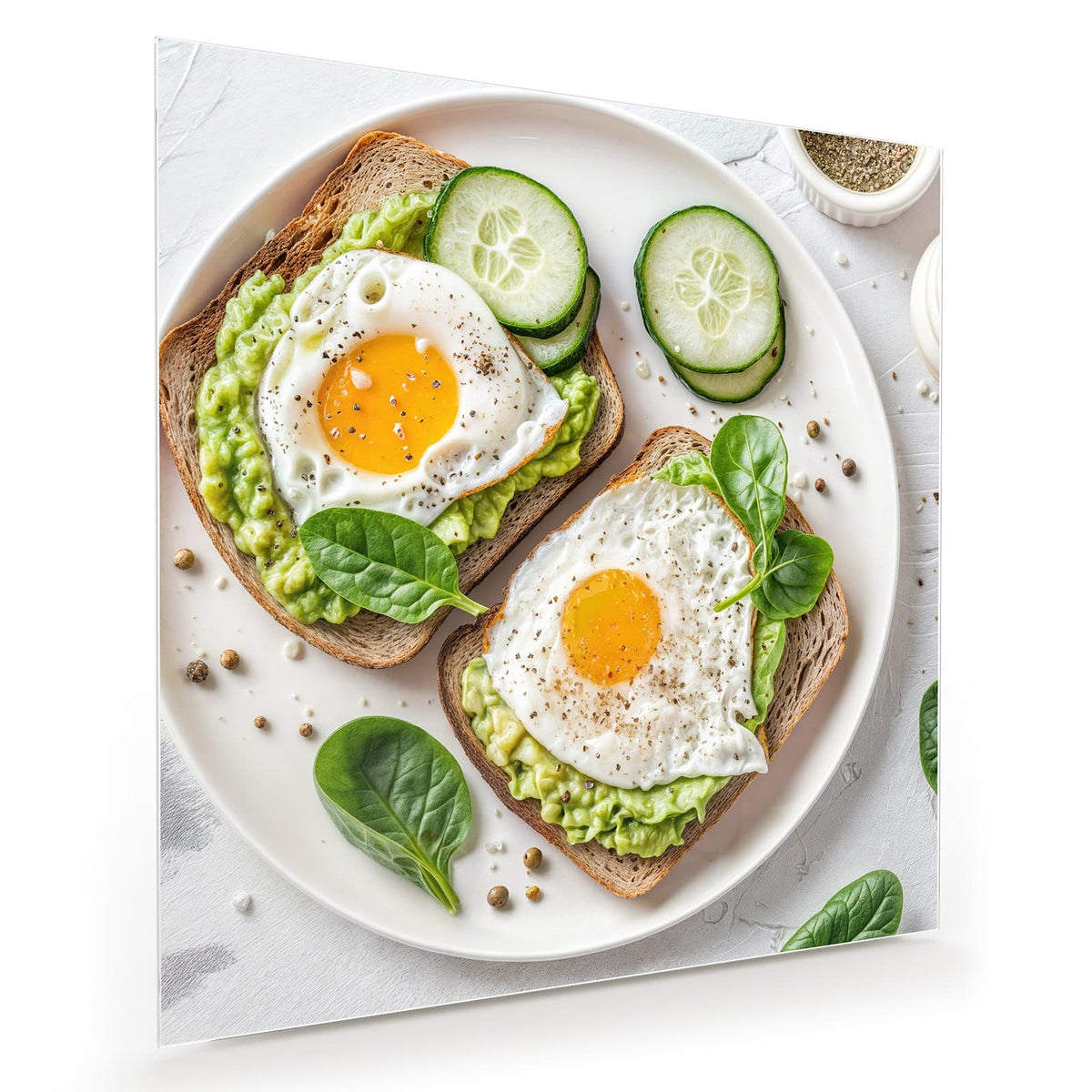 Zwei Vollkornbrote mit Avocadocreme und Spiegelei, Gurke und Spinat auf weißem Teller