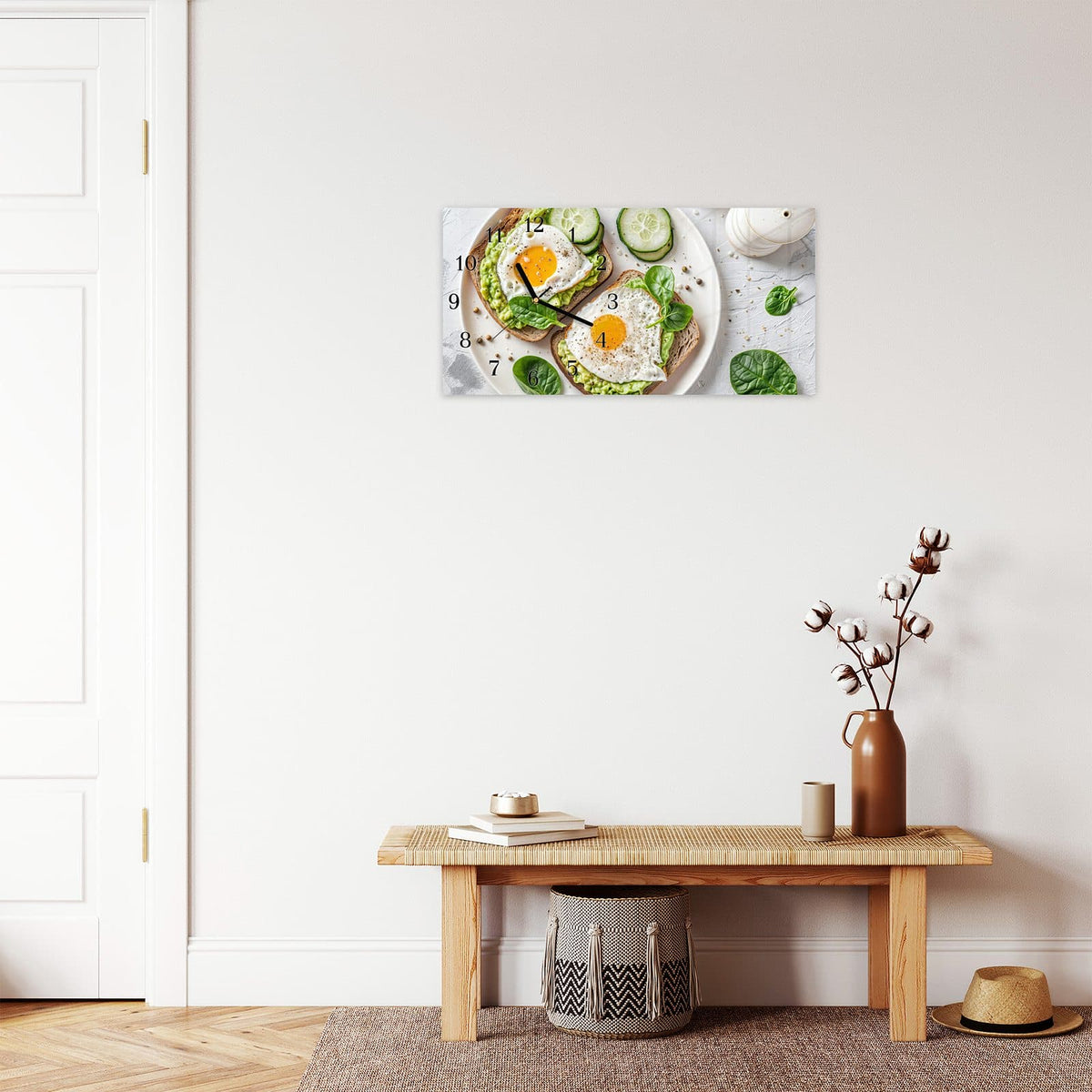 Moderne Wanduhr aus Glas mit Farbtiefe – Wanduhr Brot und Avocado aus Glas – Querformat 60 × 30 cm
