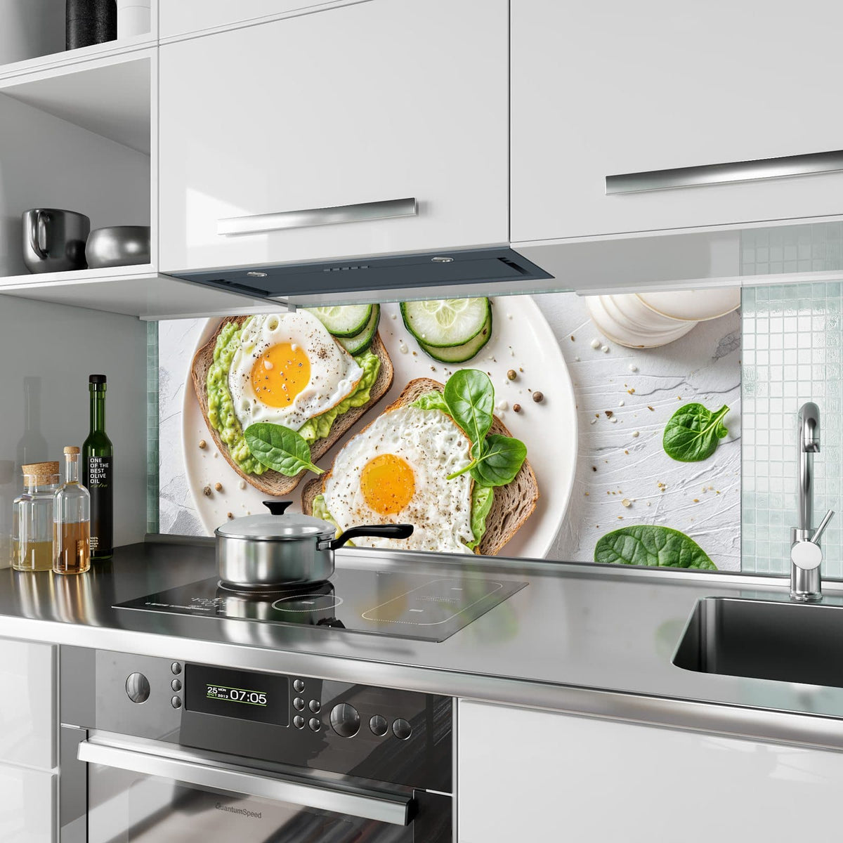 Küchenrückwand aus Glas Brot und Avocado im Hochformat als Spritzschutz hinter dem Kochfeld, über dem Fliesenspiegel montiert