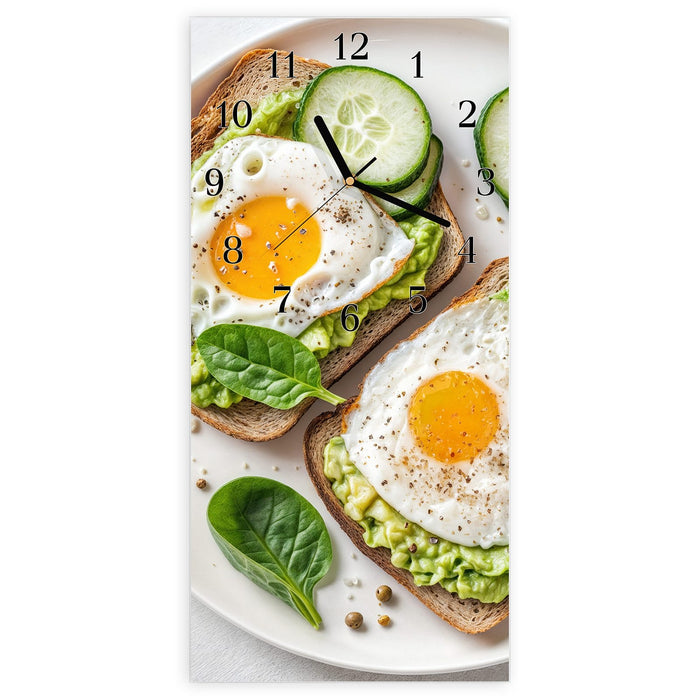 Wanduhr Brot und Avocado aus Glas – Hochformat 30 × 60 cm mit Ziffernblatt Klassisch