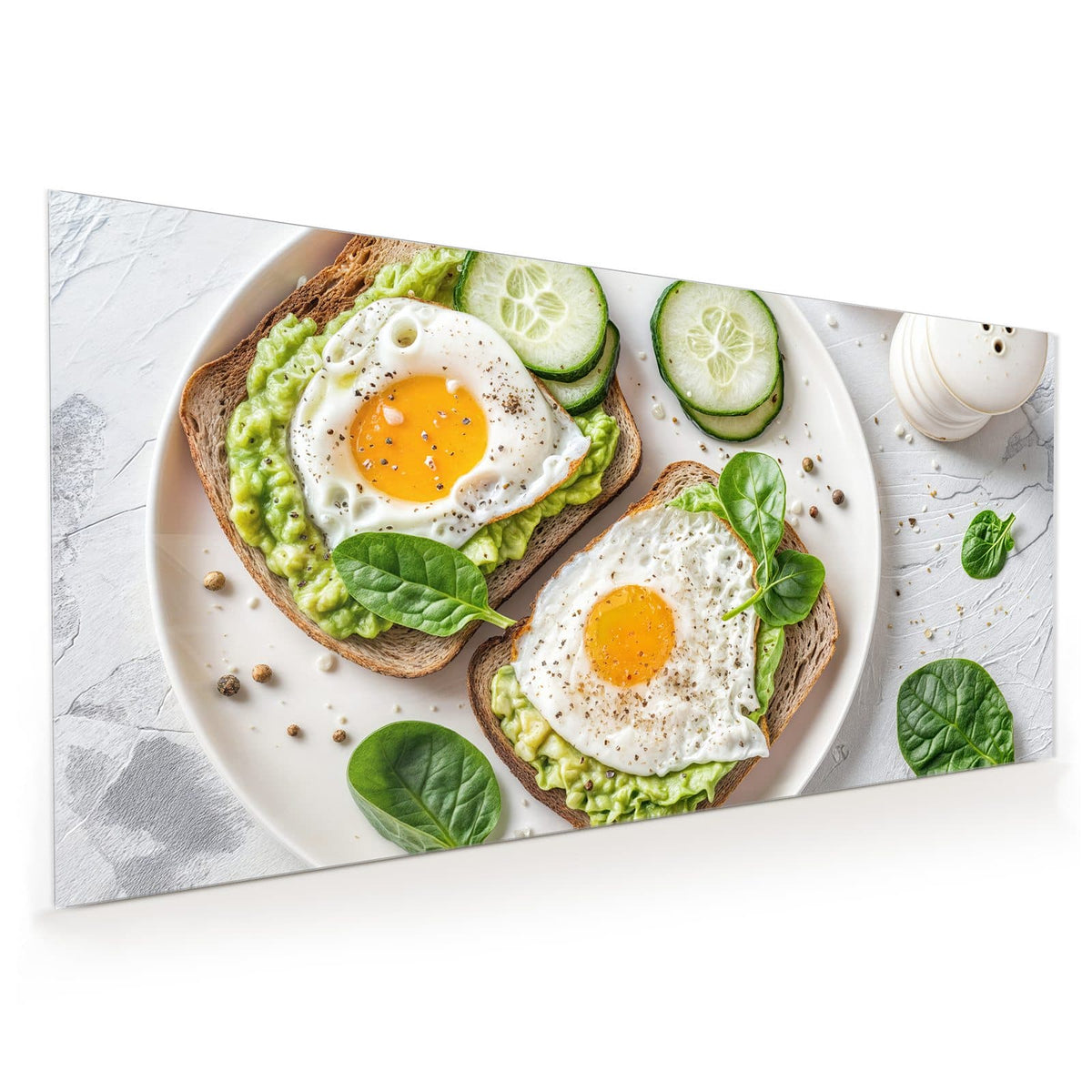 Küchenrückwand aus Glas im Hochformat mit Motiv Brot und Avocado: Zwei Vollkornbrote mit Avocadocreme und Spiegelei, Gurke und Spinat auf weißem Teller