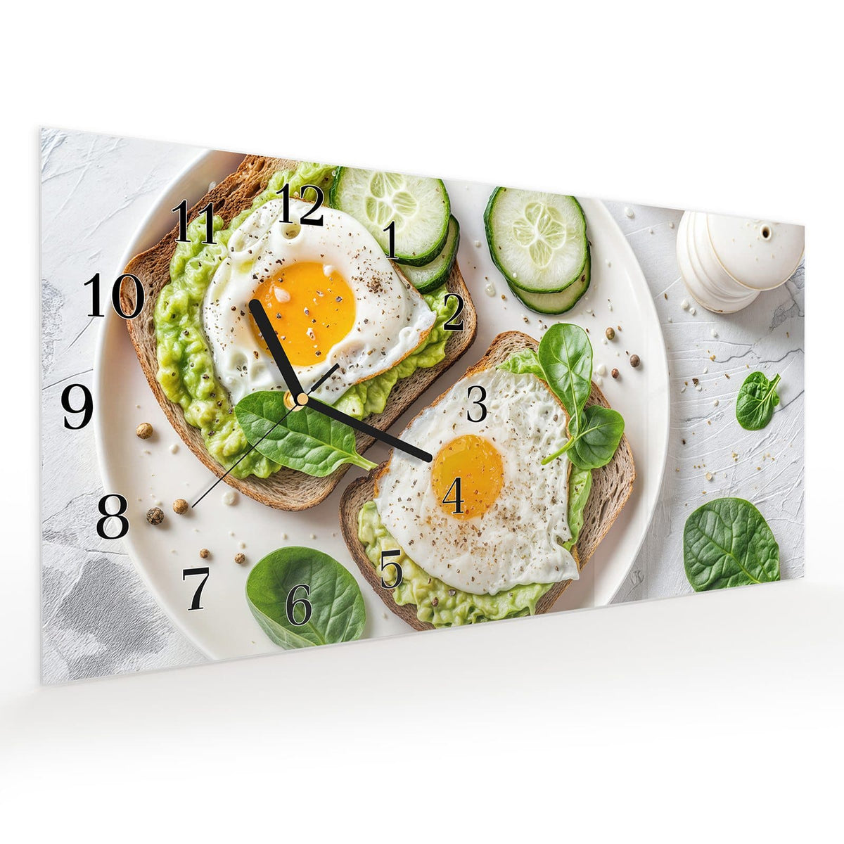 Vormontiert – mit Schwebeeffekt – Wanduhr Brot und Avocado aus Glas – Querformat 60 × 30 cm