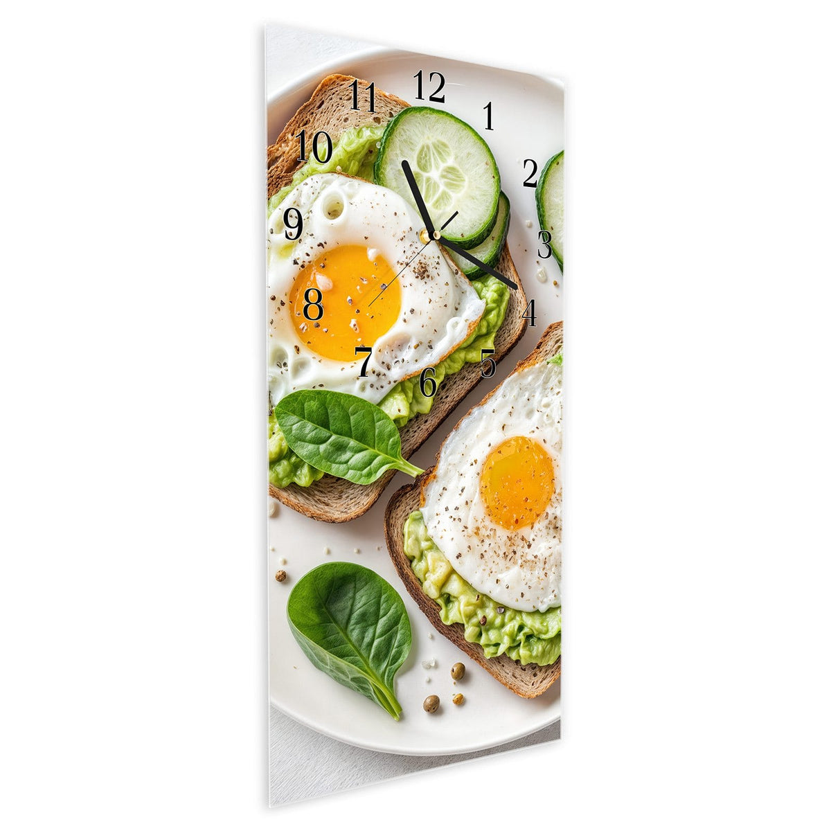Vormontiert – mit Schwebeeffekt – Wanduhr Brot und Avocado aus Glas – Hochformat 30 × 60 cm
