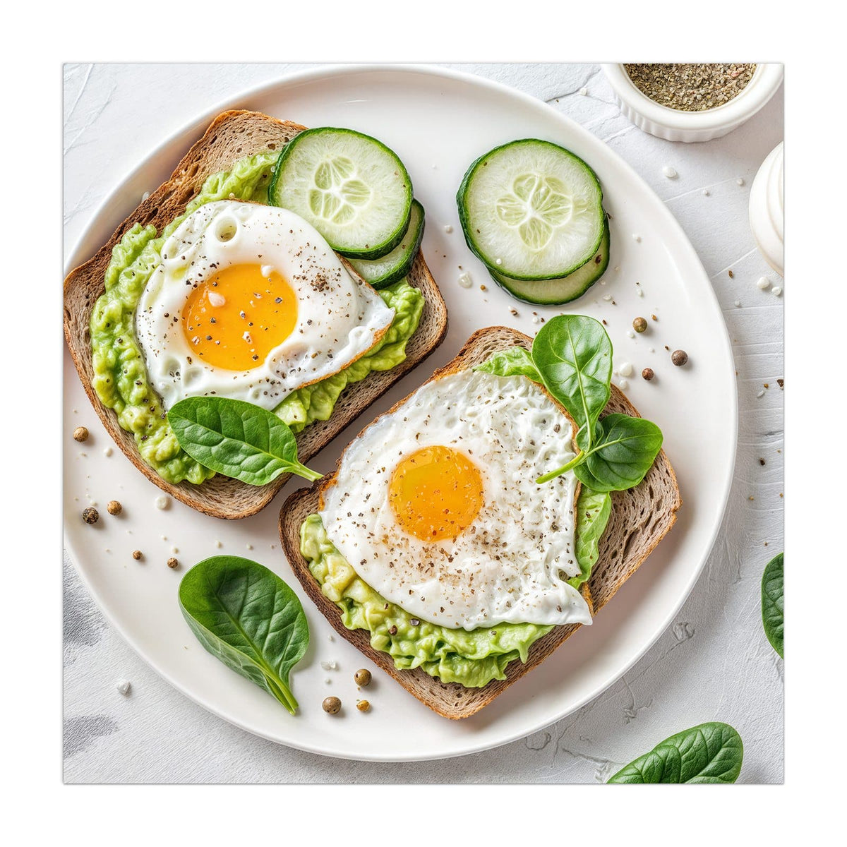 Küchenrückwand aus Glas Brot und Avocado im quadratischen Format, Motiv bildfüllend von vorn
