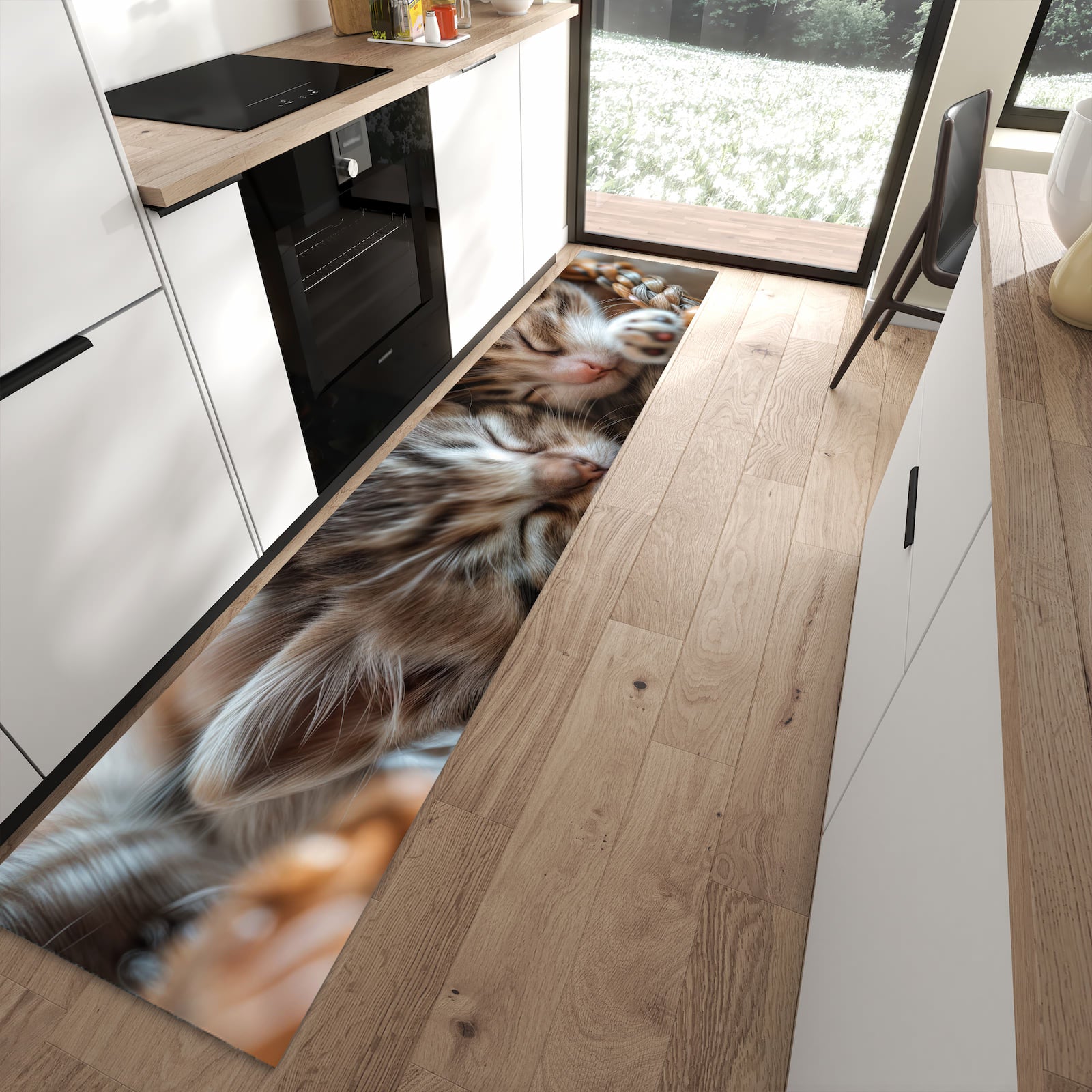 Fleckenresistenter waschbarer Küchenteppich mit Motiv Kätzchen von Schlafende in moderner Küche