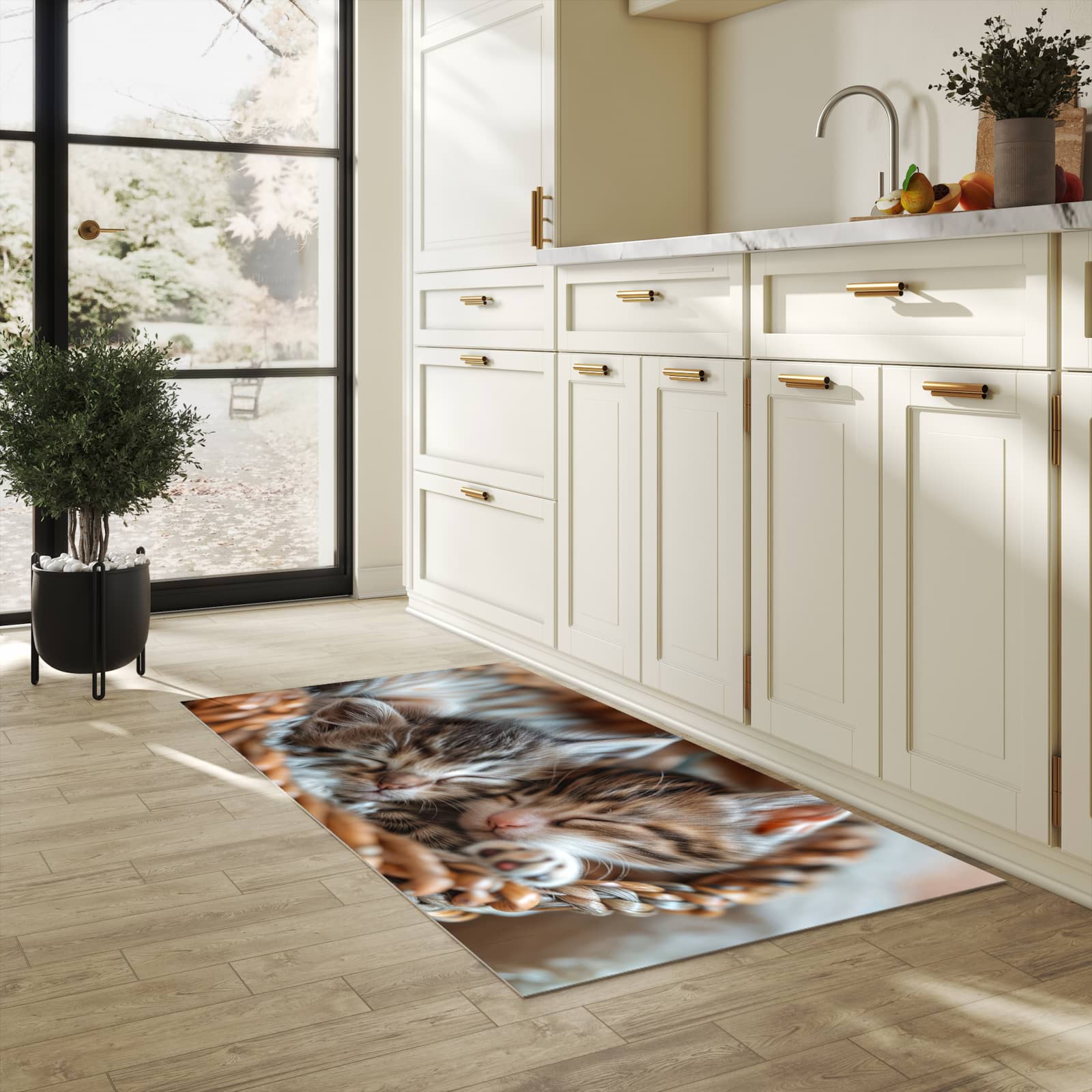 Rutschfester dünner Küchenteppich mit Motiv Kätzchen von Schlafende in heller Küche
