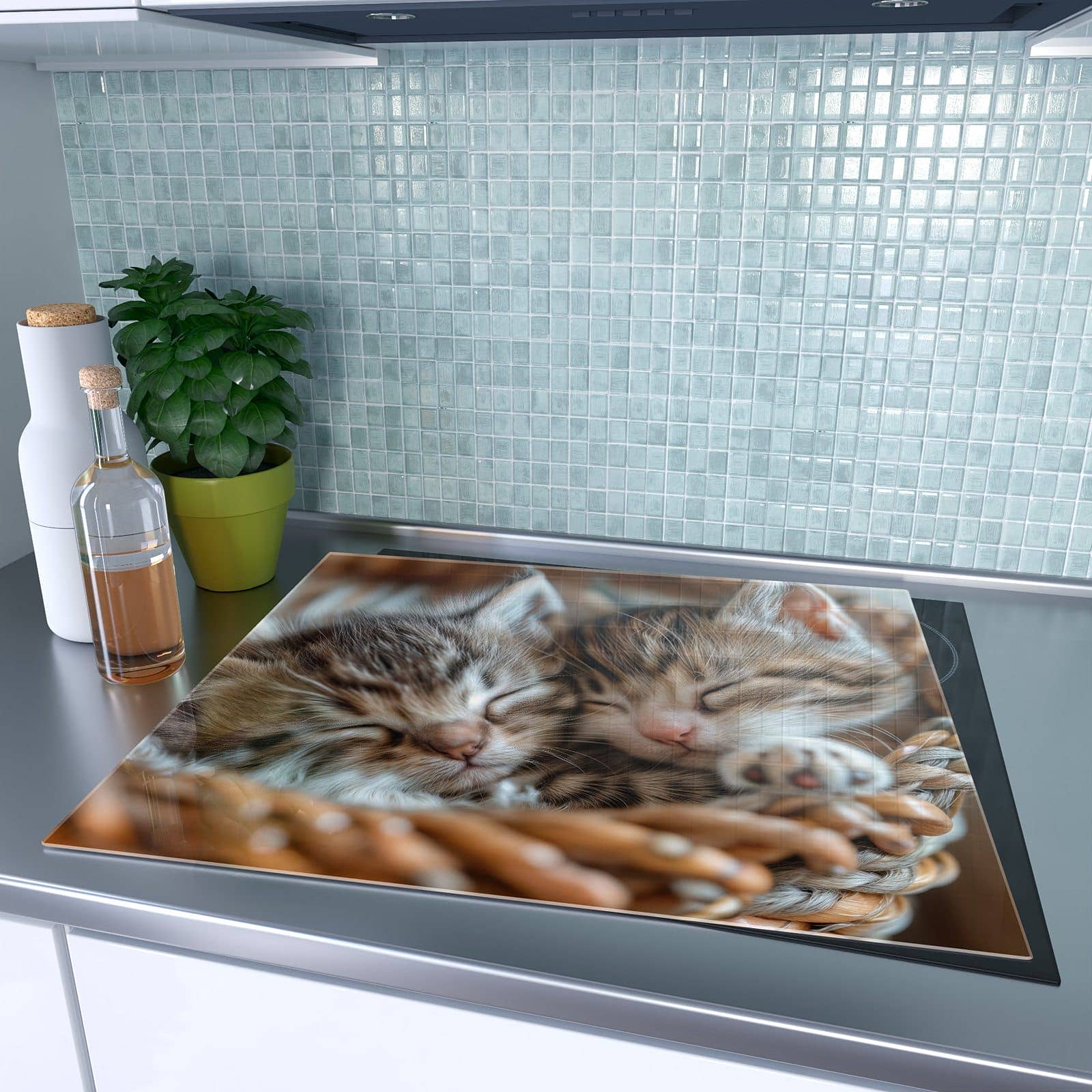 1-teilige Deckplatte aus Glas mit Friedlich Schlafende Kätzchen-Motiv auf dem Ceranfeld